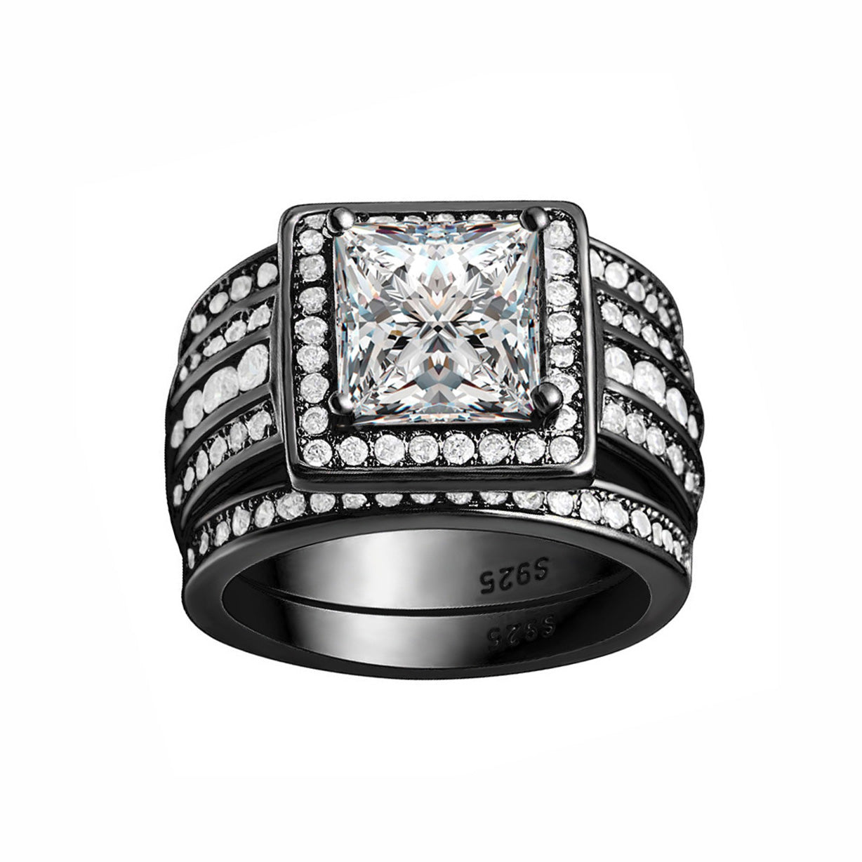 BeverlyWeddingRingSetHaloSterlingSilverEngagementRingBlackWeddingBandsGingerLyneCollection_BlackoverSilver-1