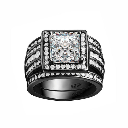 BeverlyWeddingRingSetHaloSterlingSilverEngagementRingBlackWeddingBandsGingerLyneCollection_BlackoverSilver-1