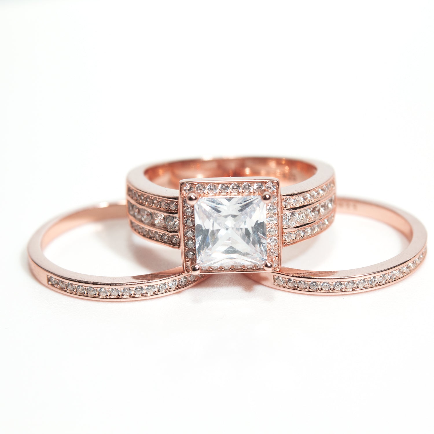 BeverlyWeddingRingSetHaloSterlingSilverEngagementRingBlackWeddingBandsGingerLyneCollection_RoseoverSilver-2