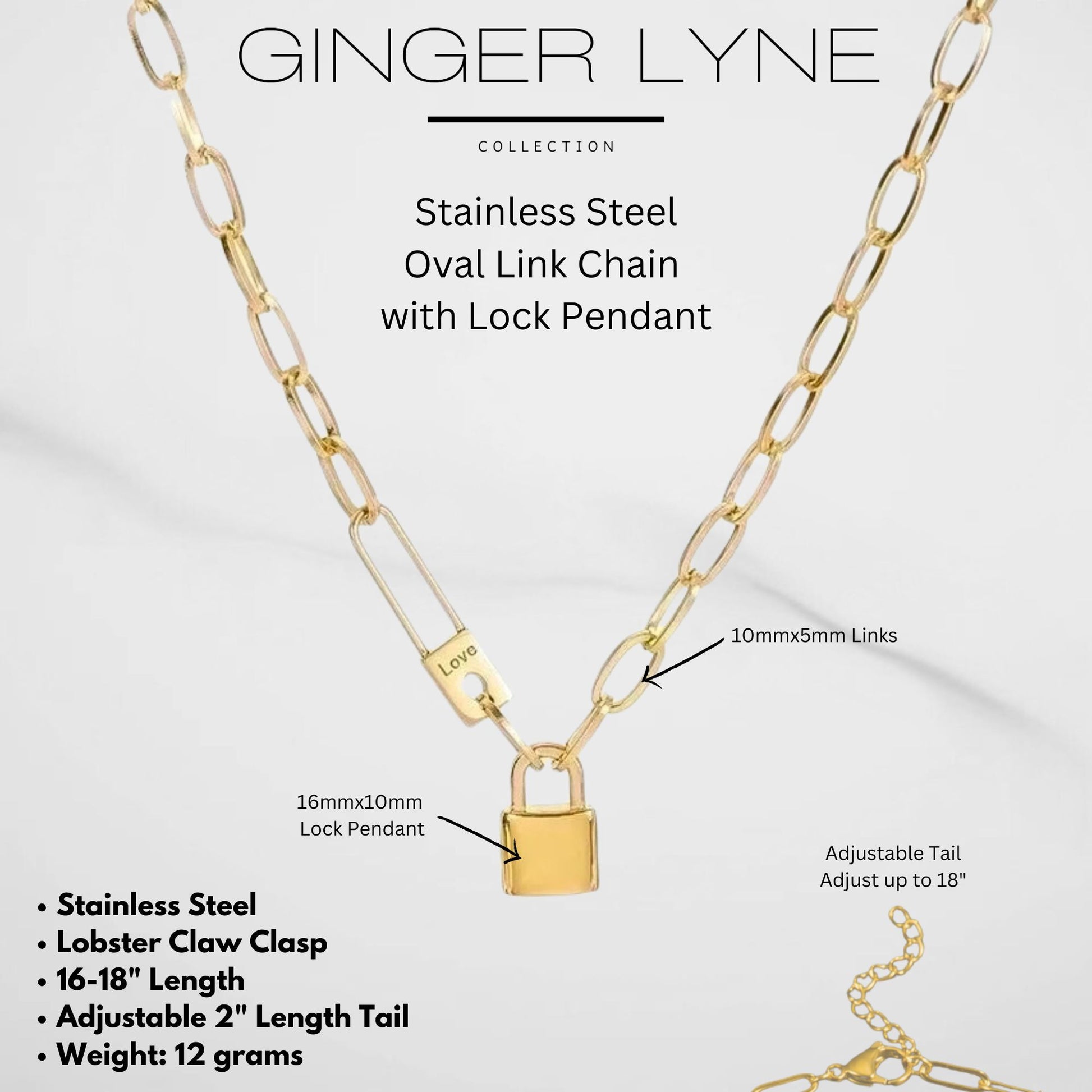 OvalChainNecklaceforWomenLockPendant18KGoldPlatedStainlessSteelAdjustableto18"GingerLyne_Gold-5
