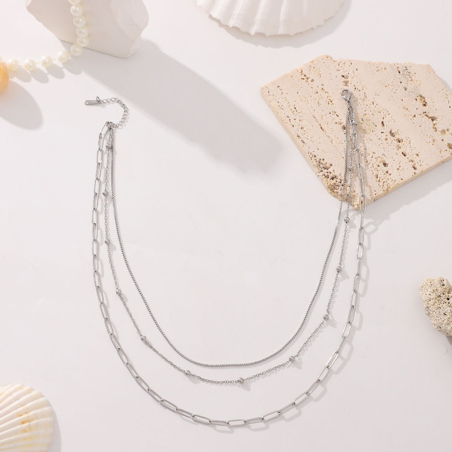 LayeredChainNecklaceforWomenbyGingerLyneGoldStainlessSteelBoxBeadandPaperclipChains_Silver-4