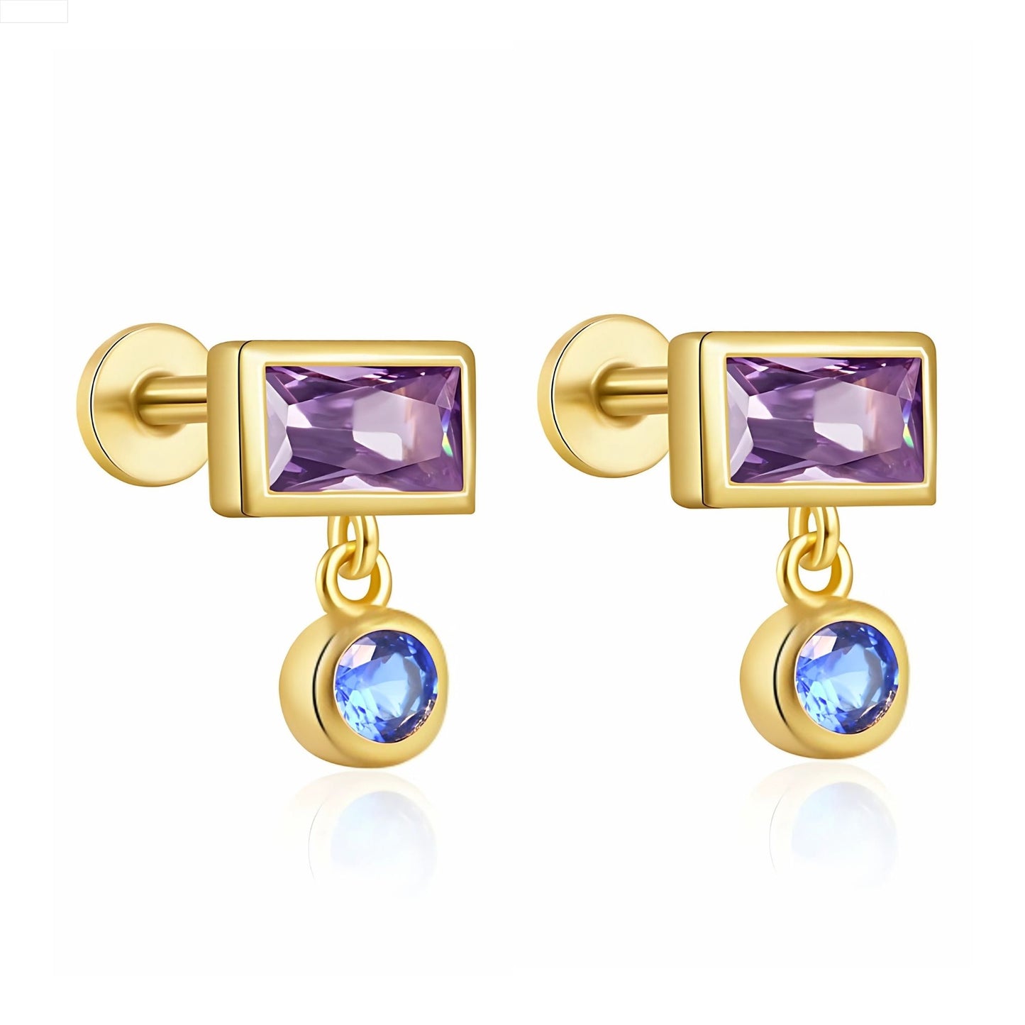 EmeraldCutCZFlatBackEarringsforCartilageHelixTragusLobeGoldPlatedSterlingSilver1pairbyGingerLyneCollection_Purple-1