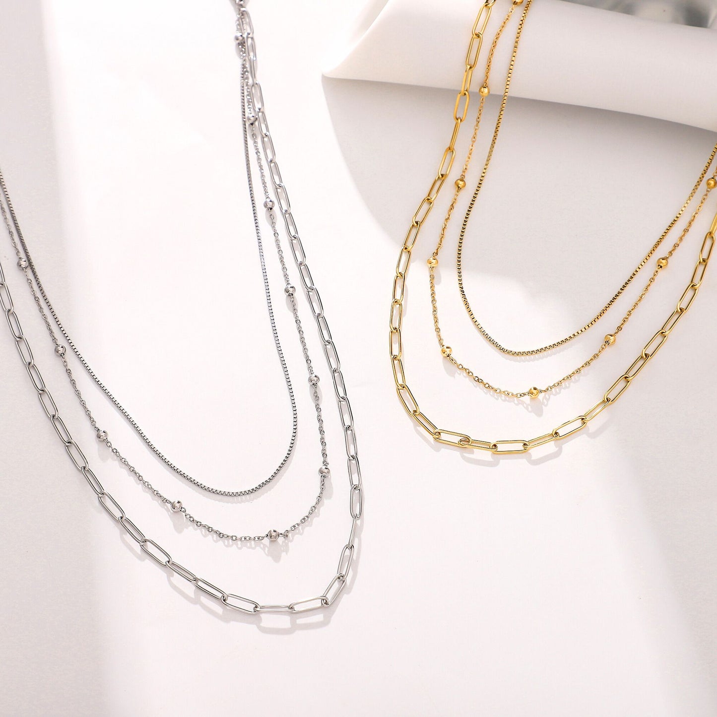 LayeredChainNecklaceforWomenbyGingerLyneGoldStainlessSteelBoxBeadandPaperclipChains_Silver-5