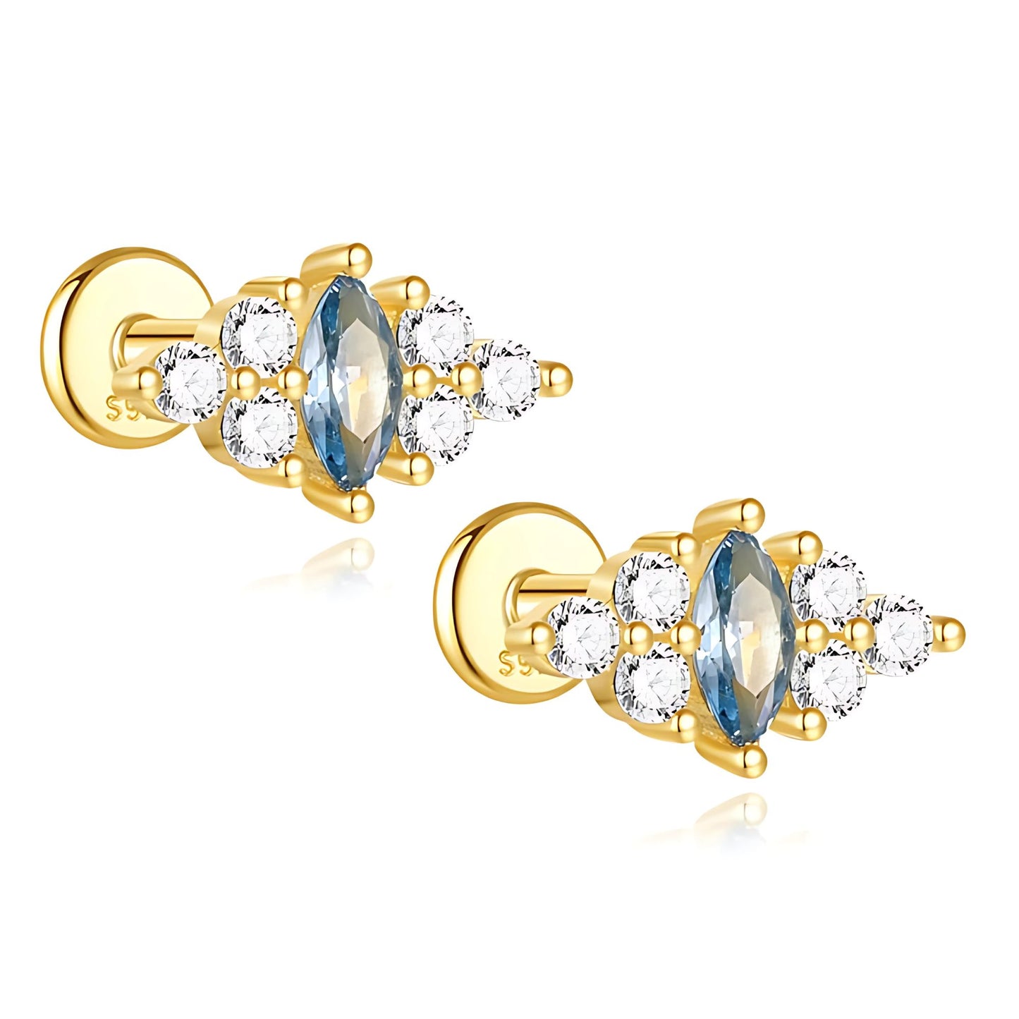 BlueMarquiseCZFlatBackEarringsforCartilageorLobe16gGoldPlatedSterlingSilver1pairbyGingerLyne_Gold-1