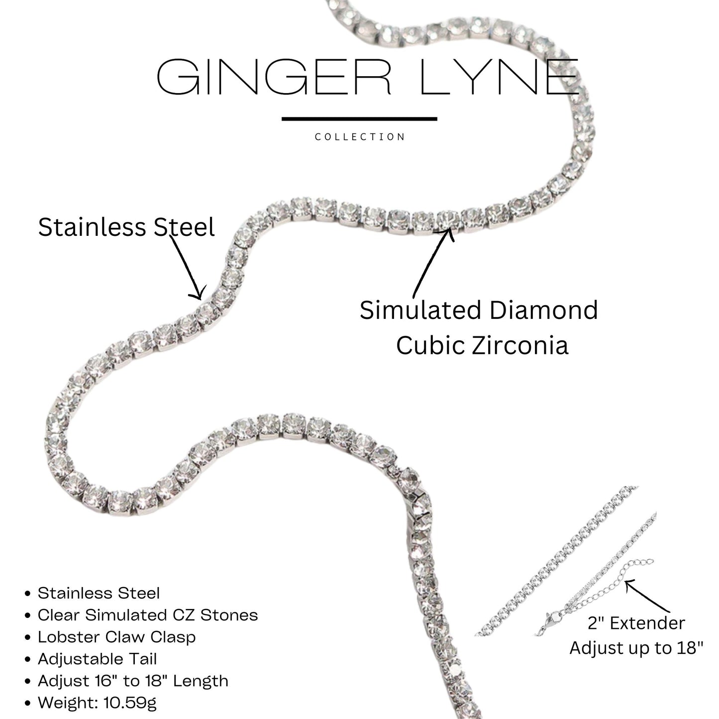 TennisNecklaceforWomen3mmBlackorClearCubicZirconiaChoker16-18"AdjustLengthStainlessSteel_Clear-8