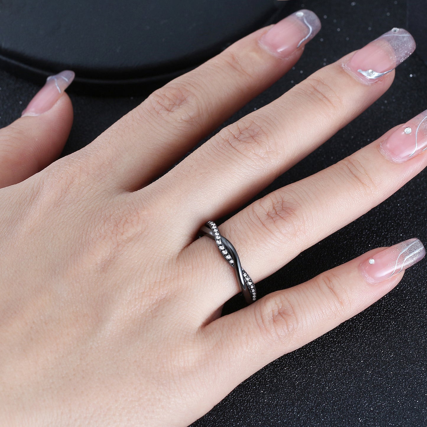 SterlingSilverRoseGoldWeddingBandforWomenHalfEternityCzAnniversaryRingbyGingerLyneCollection_RhodiumBlk-ClearCZ-3