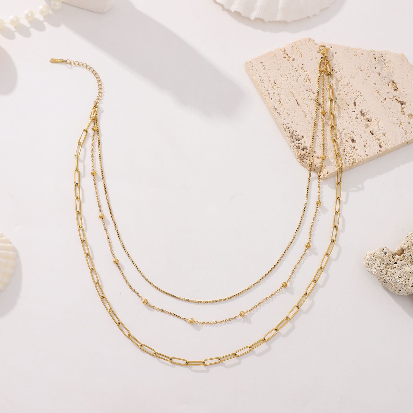 LayeredChainNecklaceforWomenbyGingerLyneGoldStainlessSteelBoxBeadandPaperclipChains_Gold-7