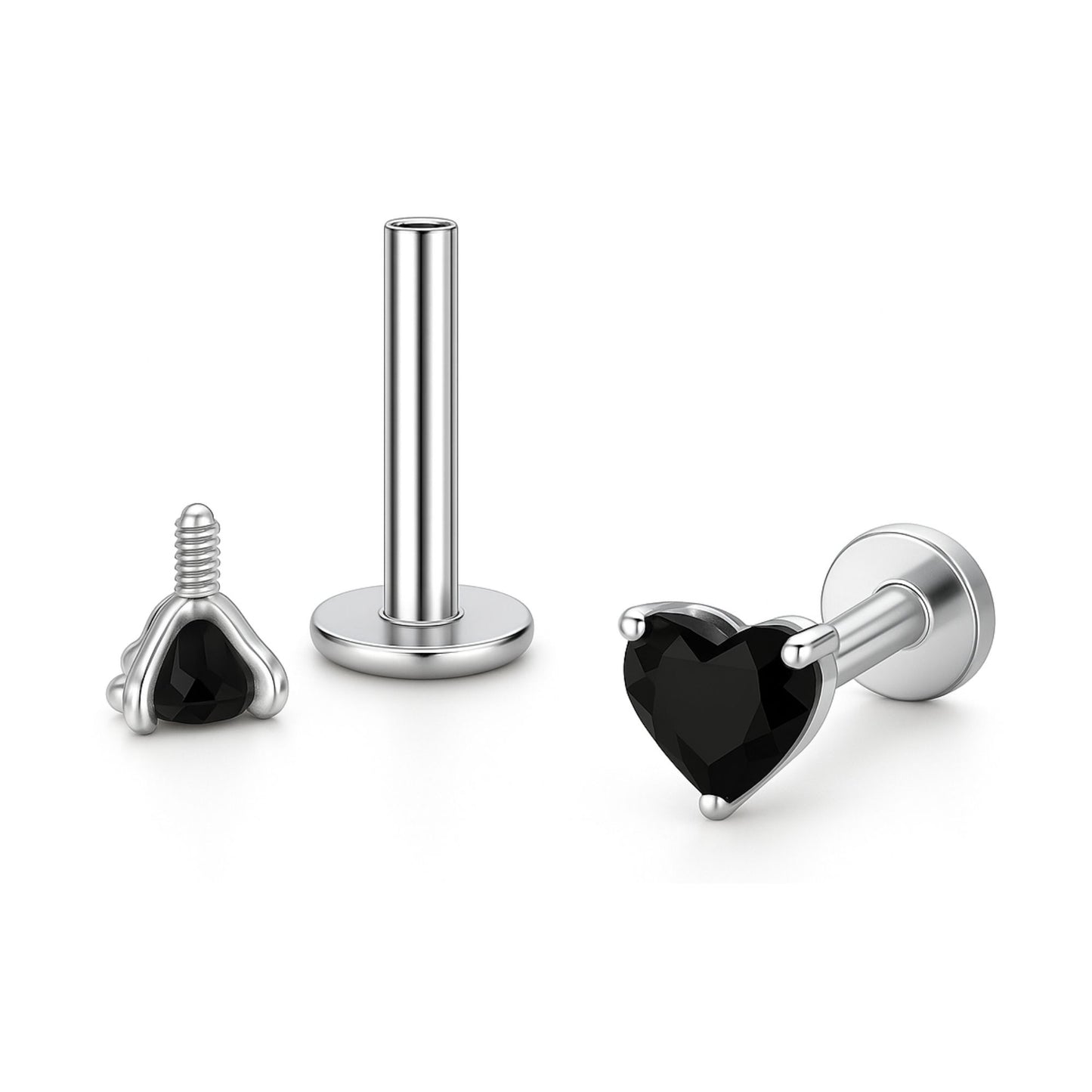 SmallHeartSolitaireFlatBackStudEarringsBodyPiercingsbyGingerLyne2Sets3mmCZStainlessSteel16g6mmand8mmLengths_Black-1