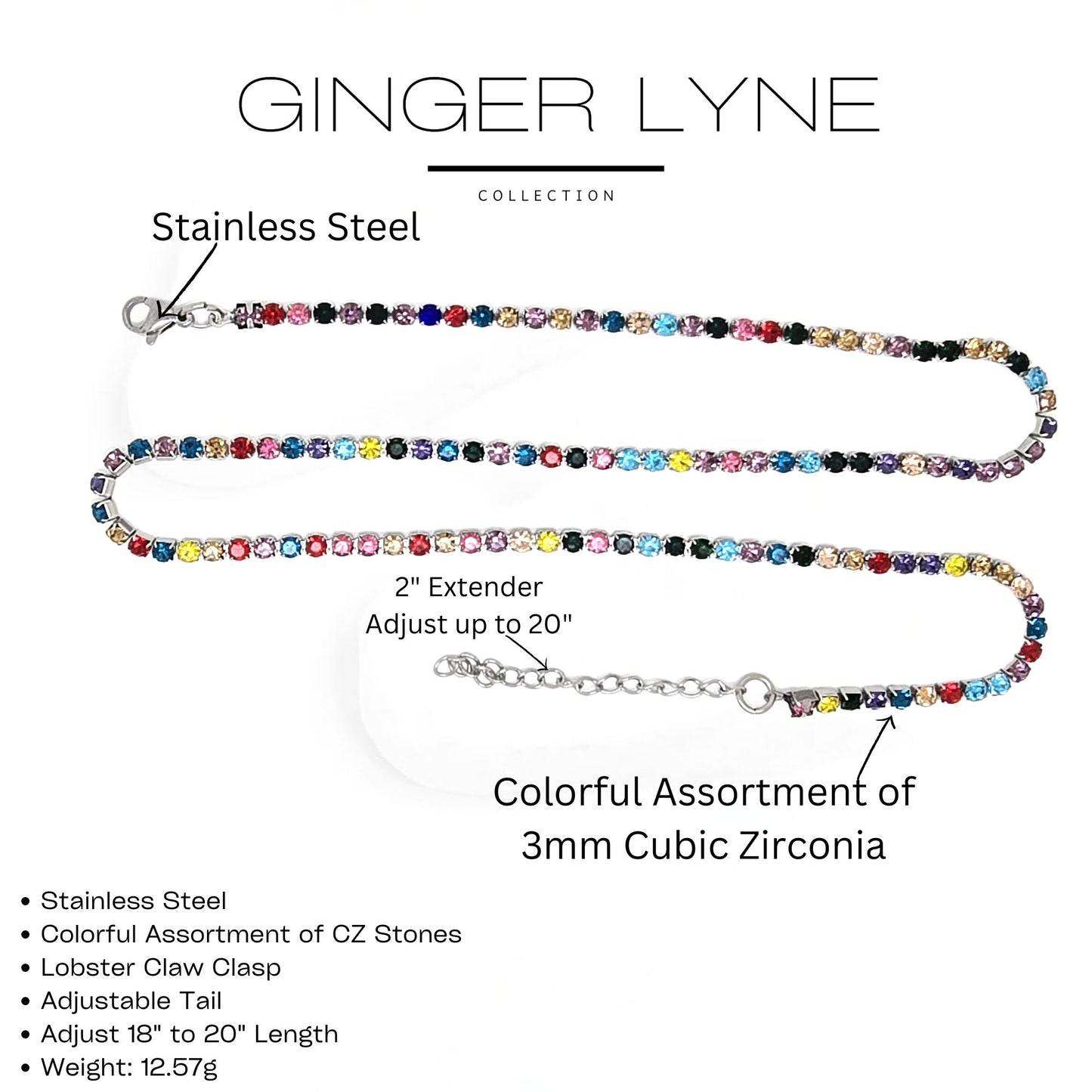 ColorfulTennisNecklaceforWomen3mmCubicZirconia18:-20"AdjustableLengthStainlessSteelbyGingerLyne_Multicolored-3