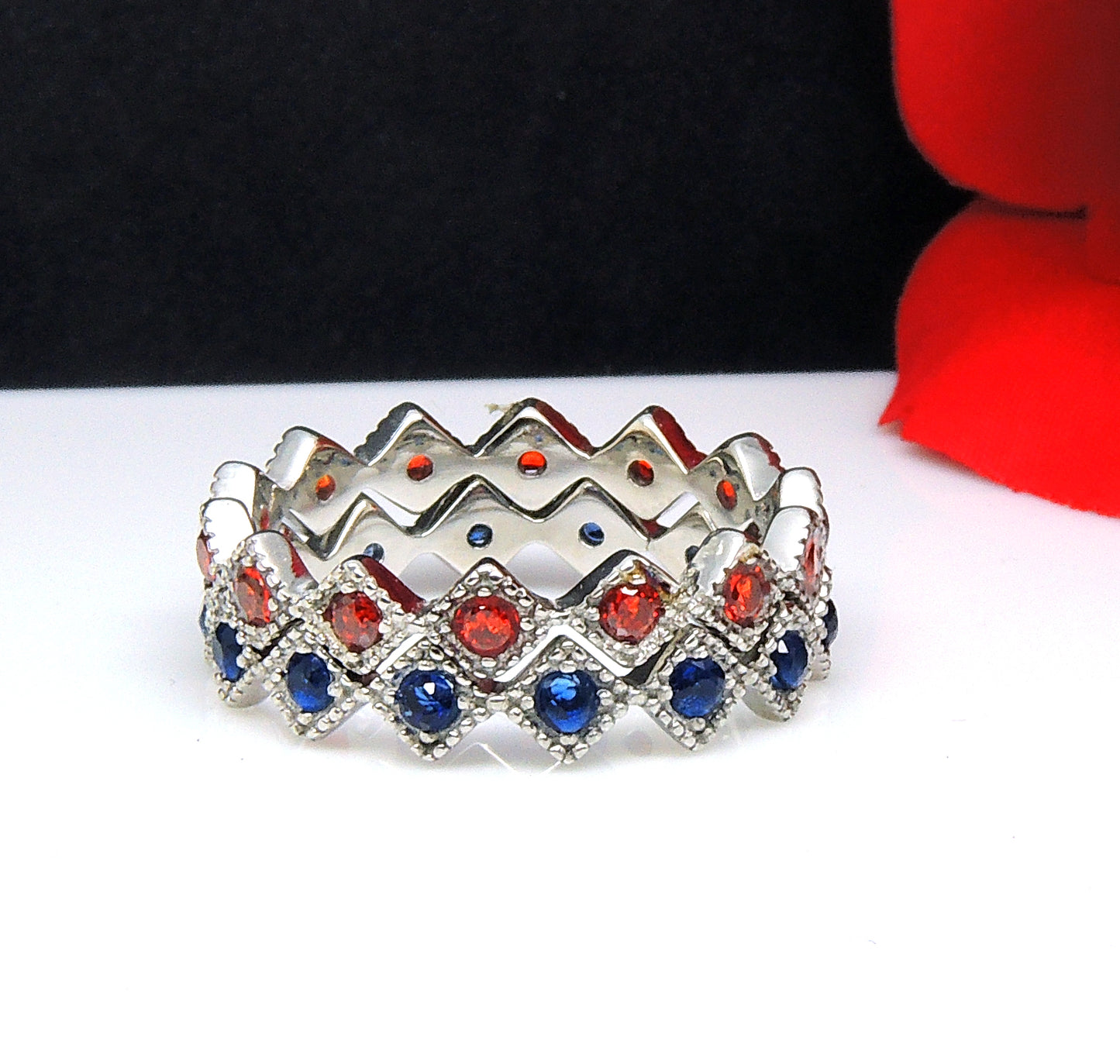 GloryWeddingBandSetforWomenStackingRingsRedBlueStainlessSteelGingerLyneCollection_Silver-4