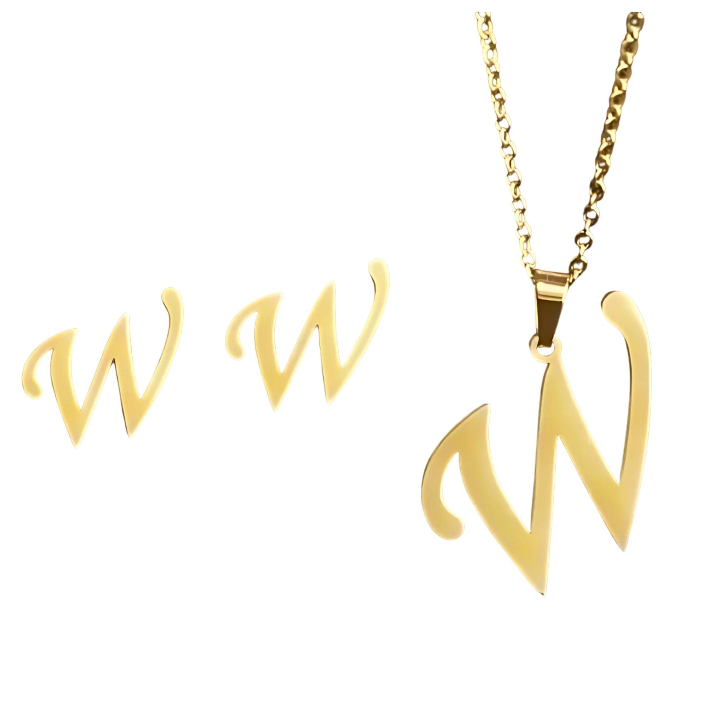 InitialLetterPendantNecklaceEarringsSetforWomenGoldPlatedStainlessSteelbyGingerLyne_W-1
