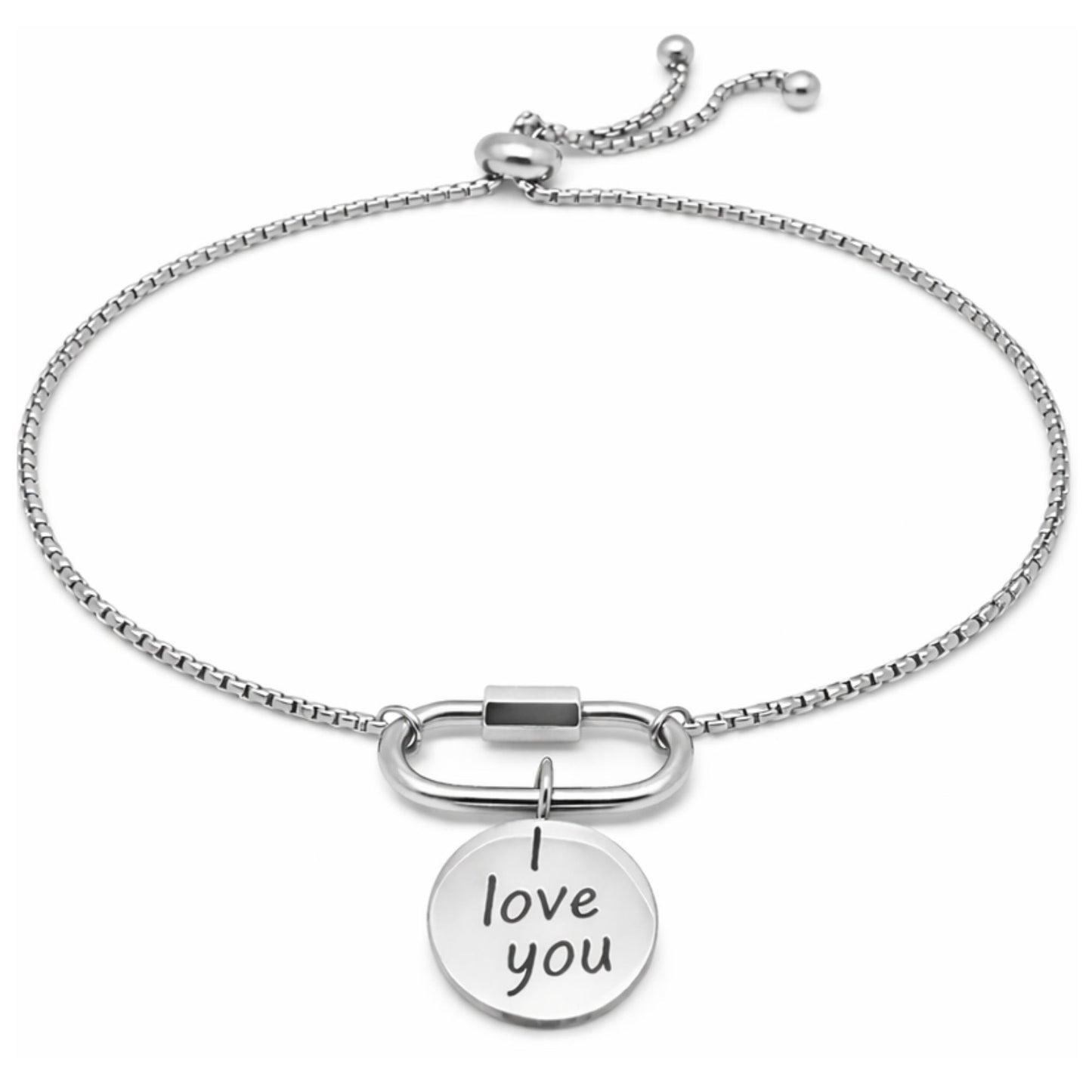 CarabinerCharmBraceletwithILoveYouCharmbyGingerLyneAdjustableStainlessSteelChain_SilverTone-1