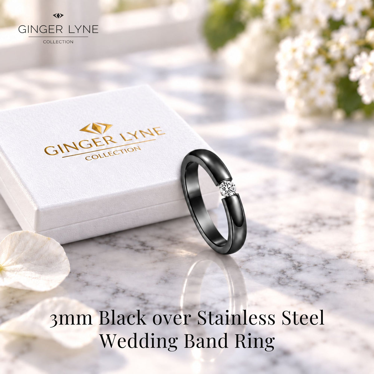 BlackWeddingBandRingforWomenorMen3mmStainlessSteelCZGingerLyneSize5_Black-3