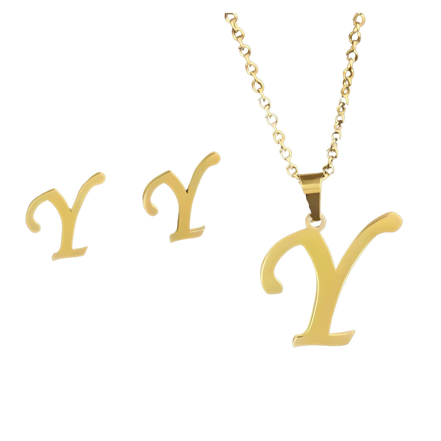 InitialLetterPendantNecklaceEarringsSetforWomenGoldPlatedStainlessSteelbyGingerLyne_Y-1