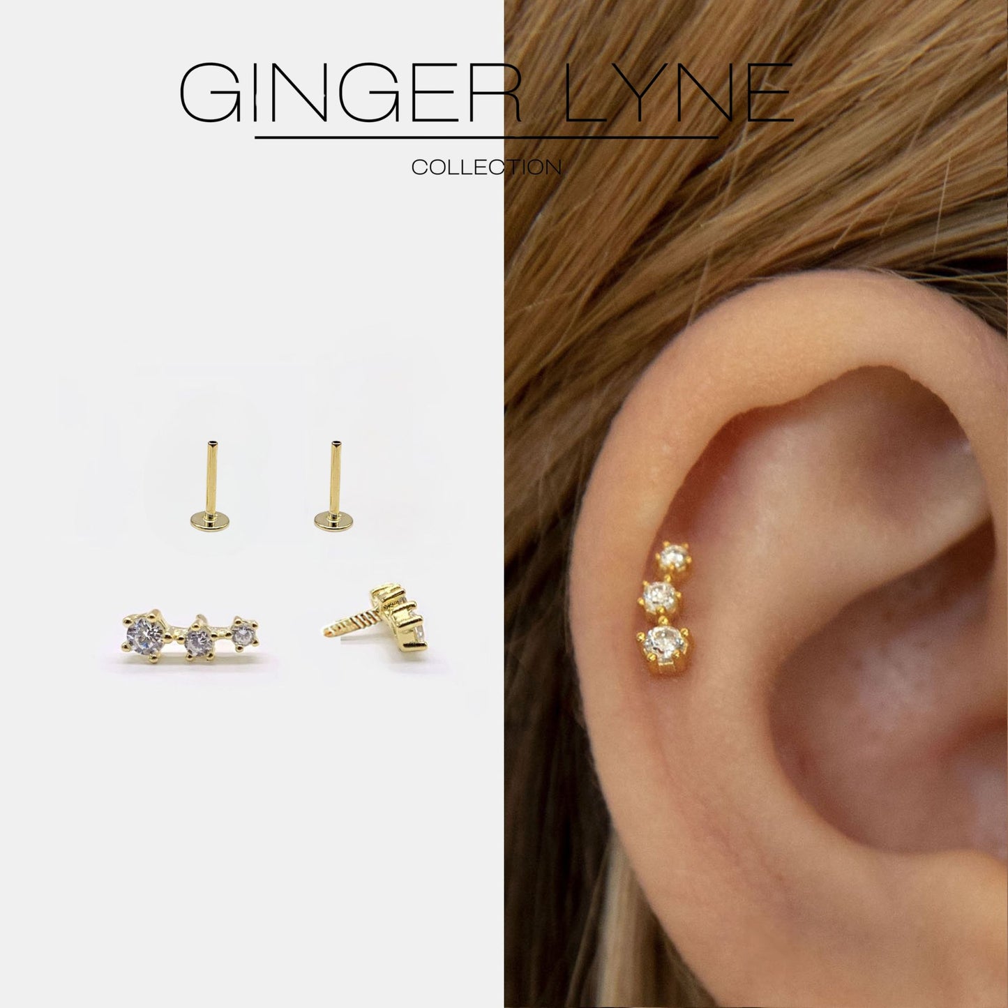 GraduatedCZFlatBackEarringsforWomenSterlingSilver18G6mmCartilageHelixUpperLobeBodyPiercingGingerLyne_Gold-8