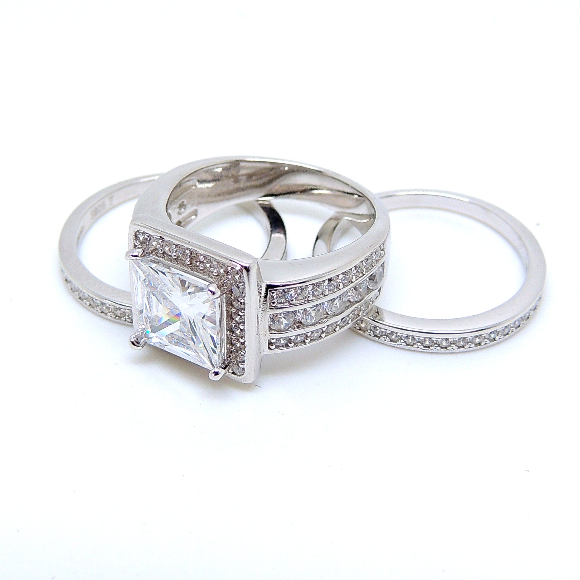 BeverlyWeddingRingSetHaloSterlingSilverEngagementRingBlackWeddingBandsGingerLyneCollection_WhiteGoldoverSilver-3