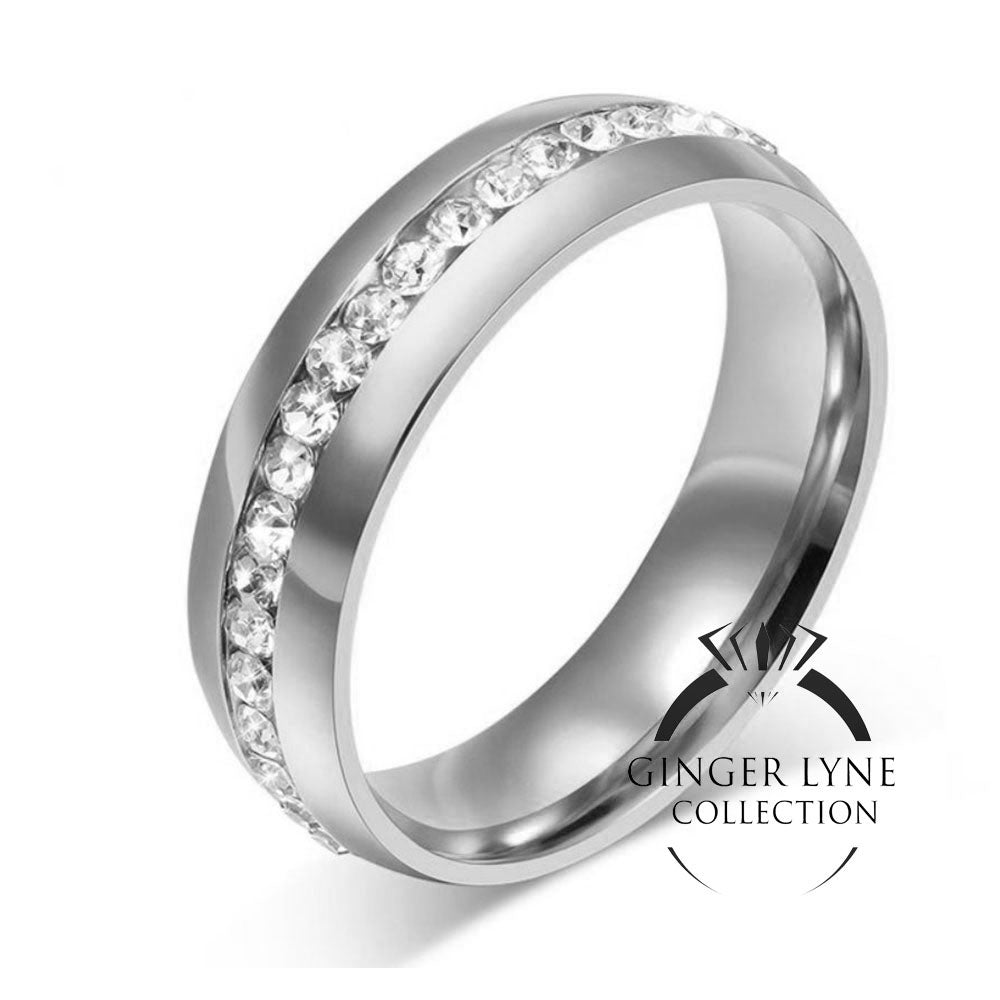 OneRowCzWeddingEternityBandRingSteelWomensMensGingerLyneCollection_Silver-4