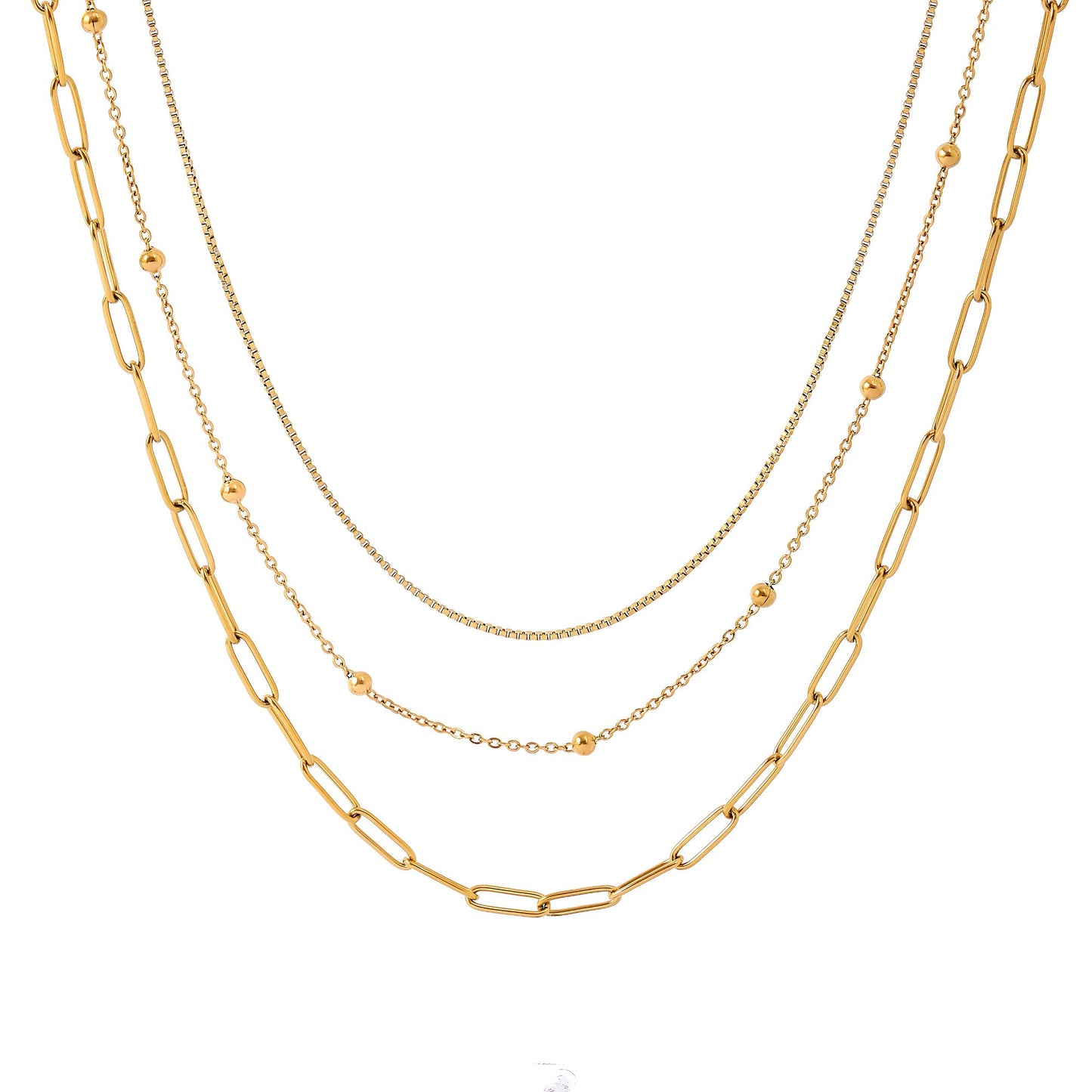 LayeredChainNecklaceforWomenbyGingerLyneGoldPlatedStainlessSteelBoxBeadandPaperclipChains_Gold-1
