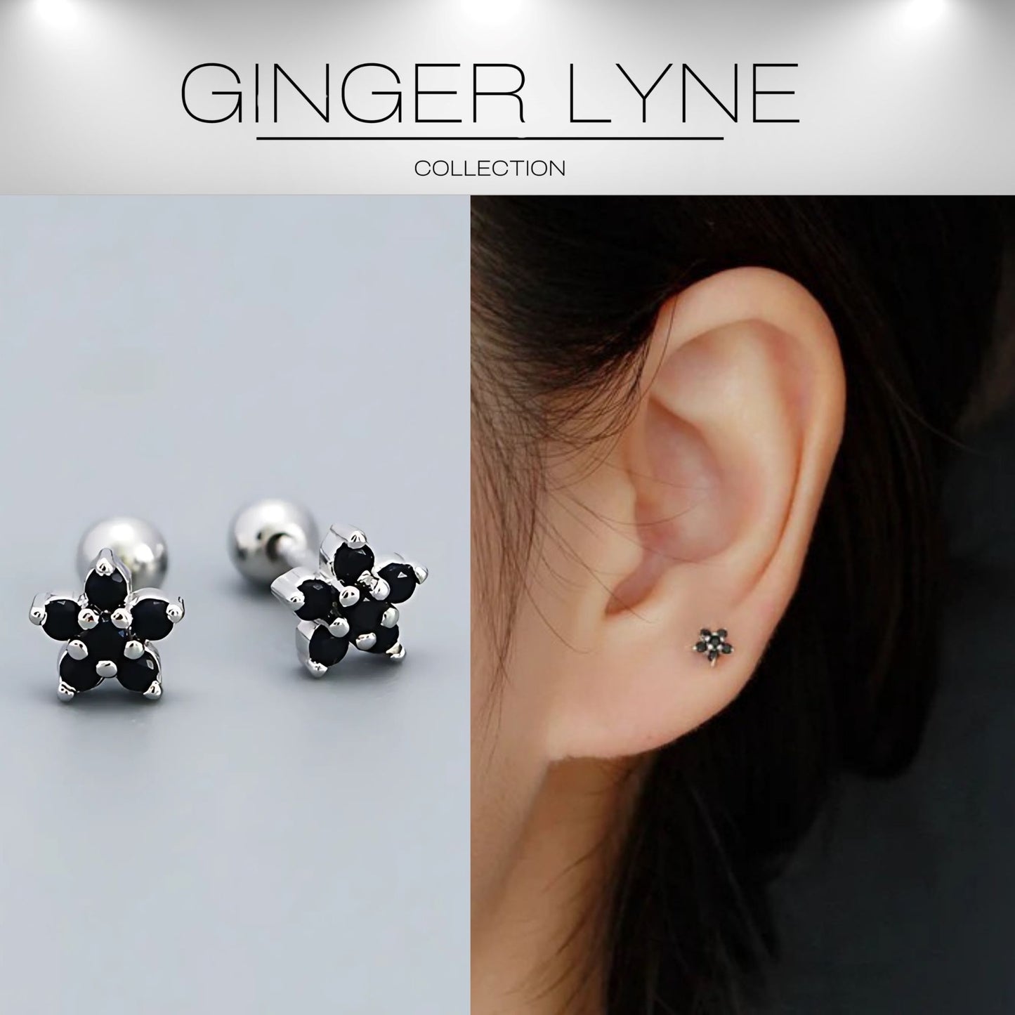 BlackFlowerEarringsforWomenSterlingSilver18G6mmCartilageHelixUpperLobeBodyPiercingGingerLyne_Black-2