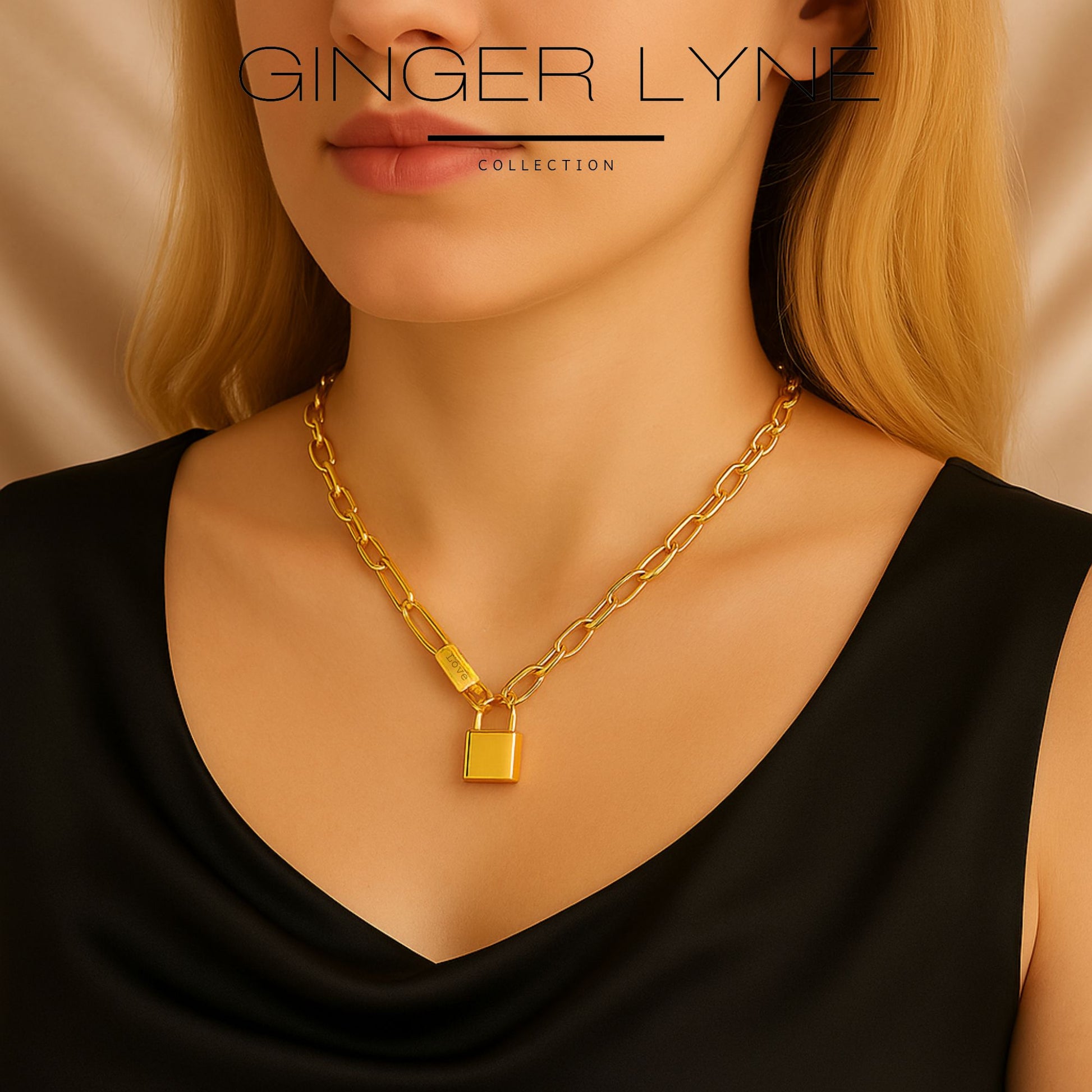 OvalChainNecklaceforWomenLockPendant18KGoldPlatedStainlessSteelAdjustableto18"GingerLyne_Gold-4