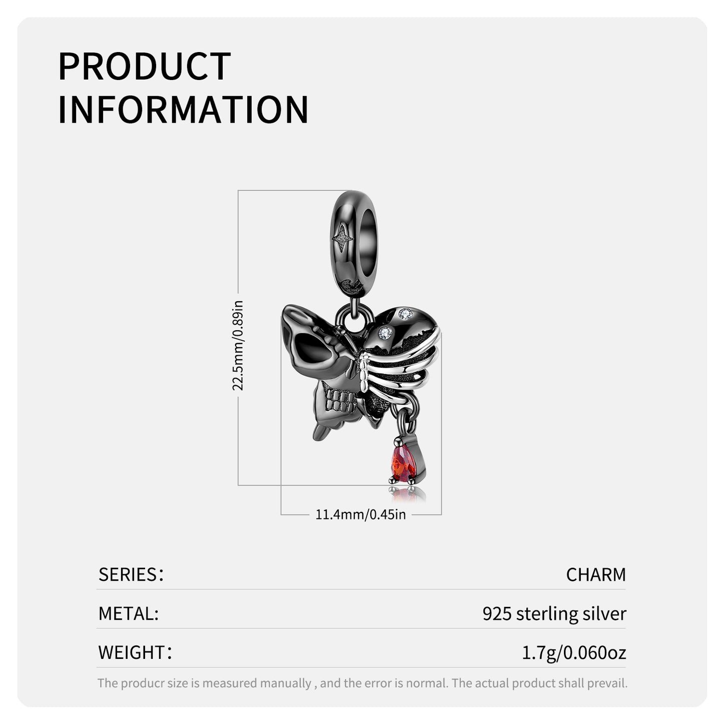 SkeletonCharmforWomenButterflyGothicEuropeanBeadCharmSterlingSilverGingerLyneCollection_Red-3