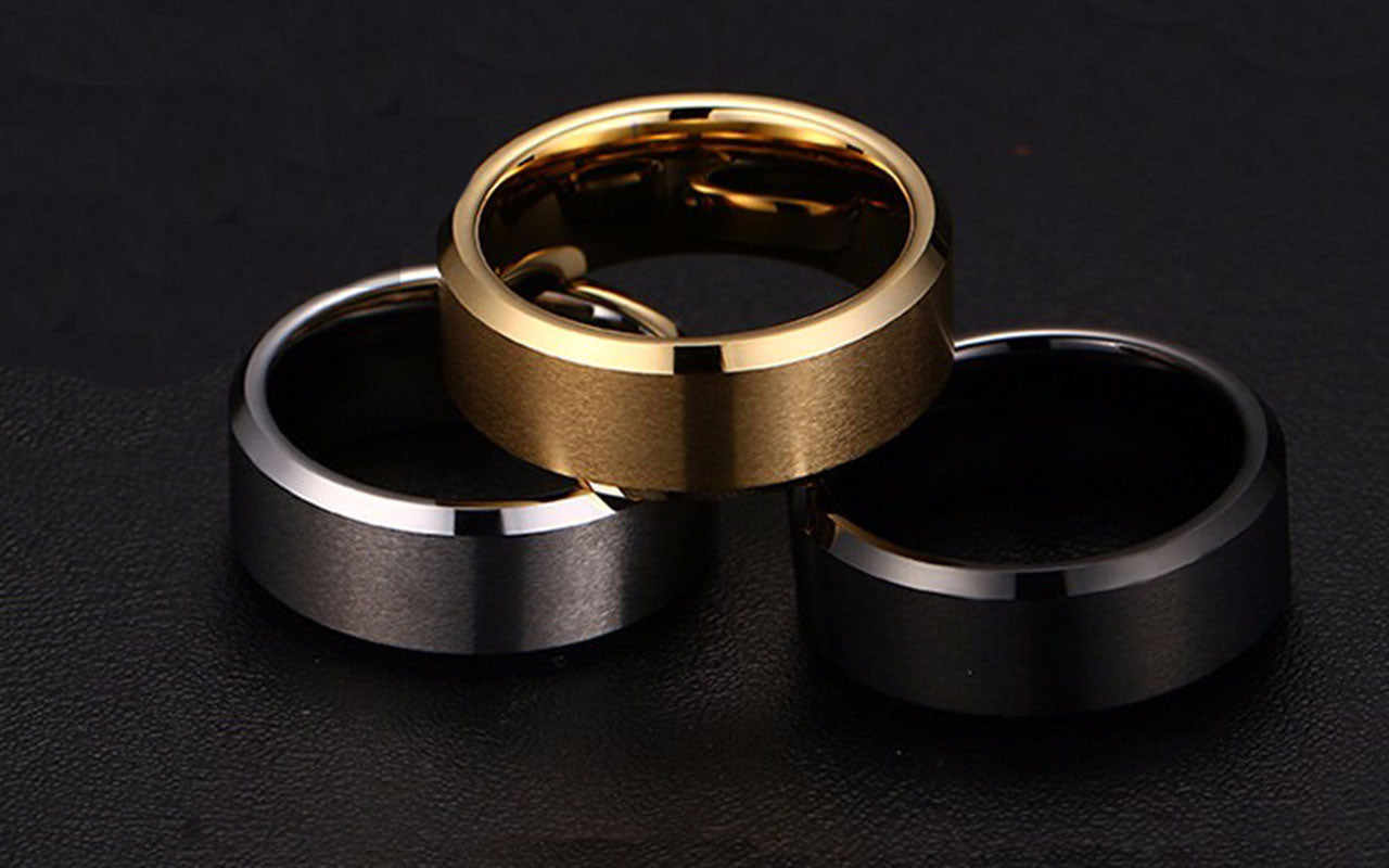 8mmWeddingBandRingWomensMensBlackStainlessSteelGingerLyneCollection_Silver-6