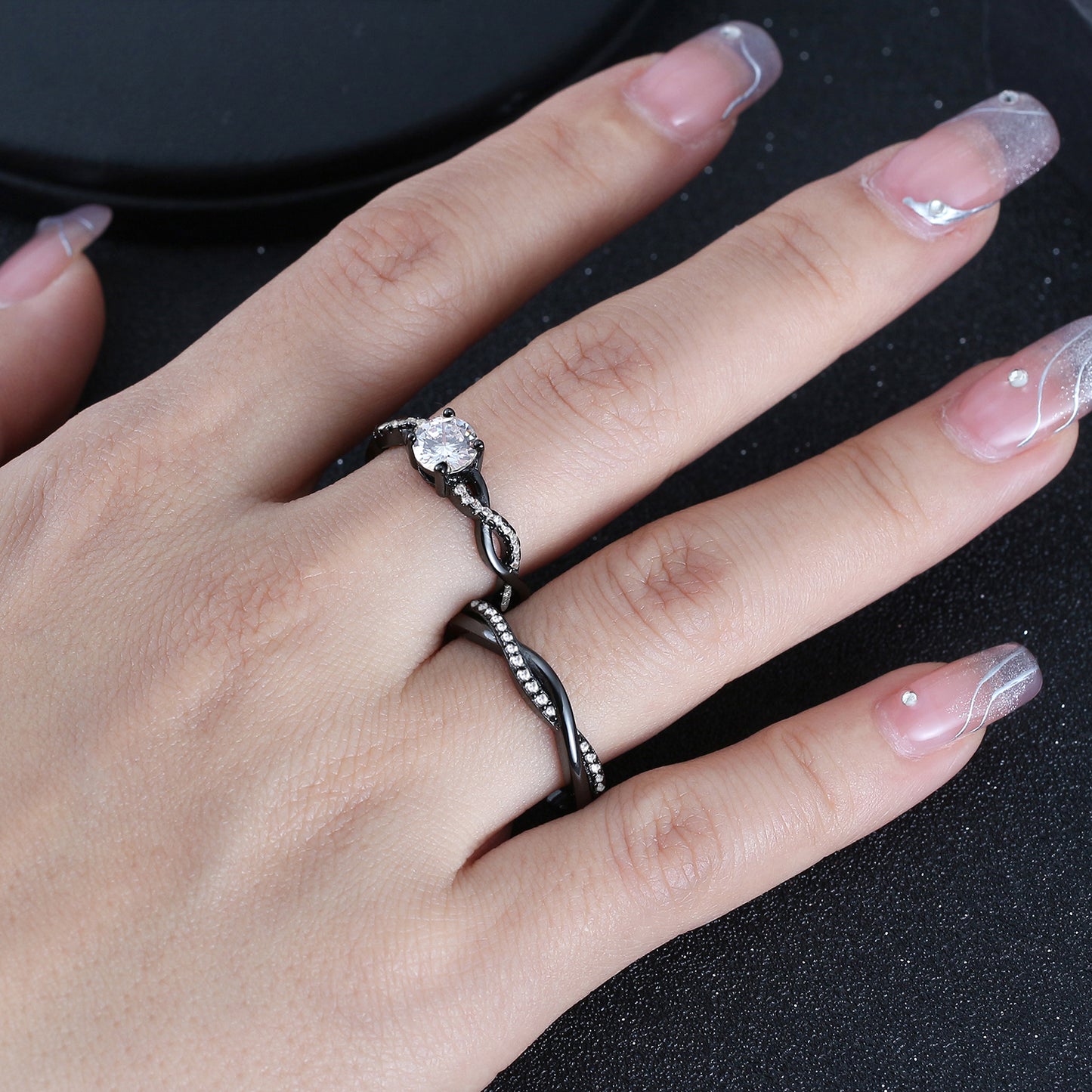 QueenaBlackWeddingRingSetAnniversaryBandEngagementRingforWomenSterlingSterlingCzGingerLyneCollection_RhodiumBlack-Clear-4