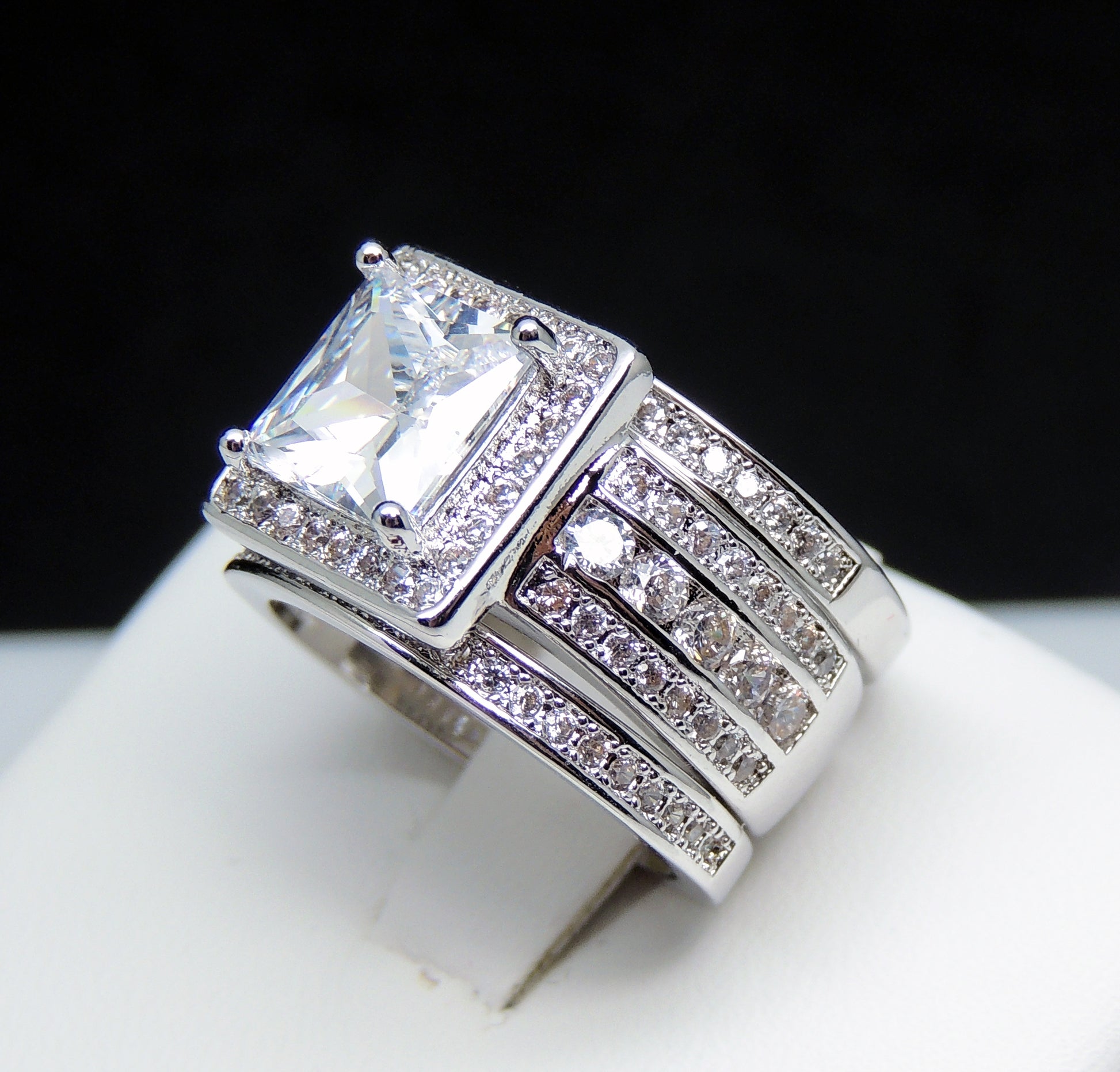 BeverlyWeddingRingSetHaloSterlingSilverEngagementRingBlackWeddingBandsGingerLyneCollection_WhiteGoldoverSilver-6