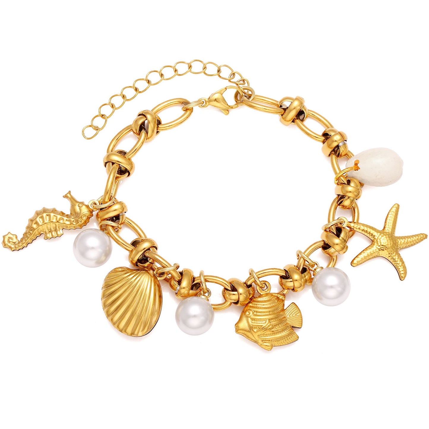 SeashellCharmBraceletforWomenbyGingerLyneGoldPlatedStainlessSteelPearlsStarfishandShells_Gold-1