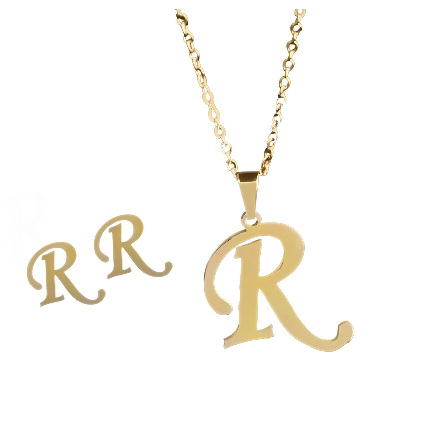 InitialLetterPendantNecklaceEarringsSetforWomenGoldPlatedStainlessSteelbyGingerLyne_R-1