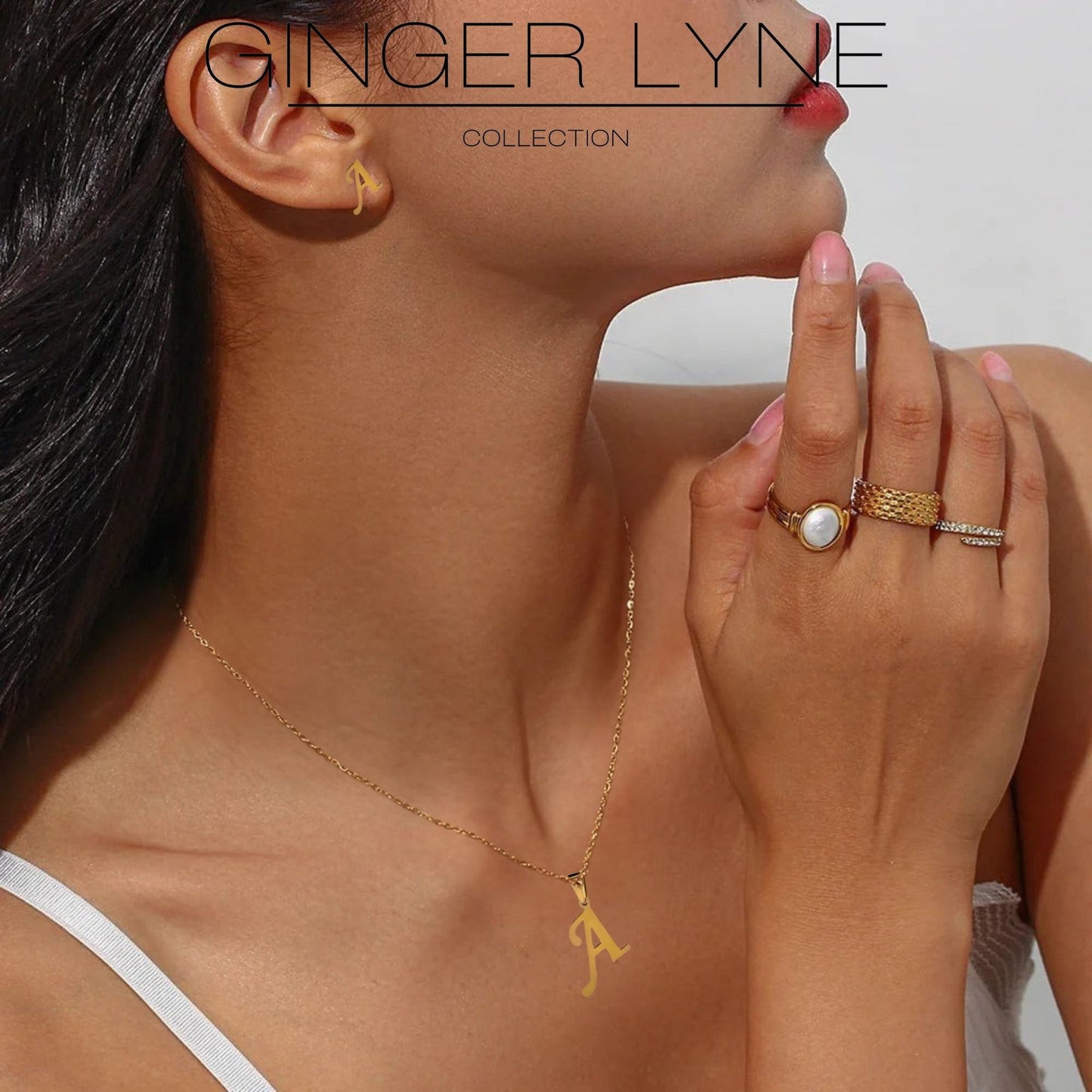 InitialLetterPendantNecklaceEarringsSetforWomenGoldPlatedStainlessSteelbyGingerLyne_A-3