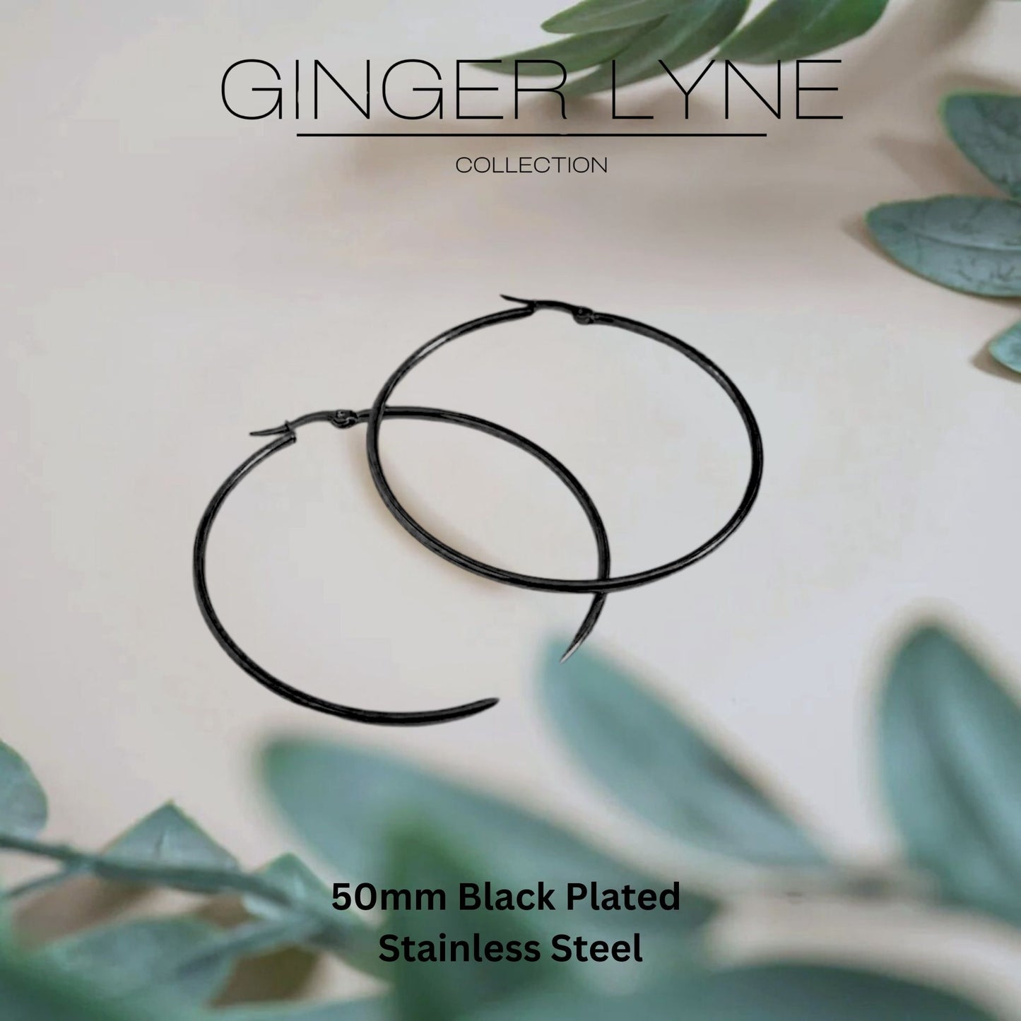 BlackHoopEarringsforWomenThinLarge50mmor60mmStainlessSteelGingerLyneCollection_Black-3