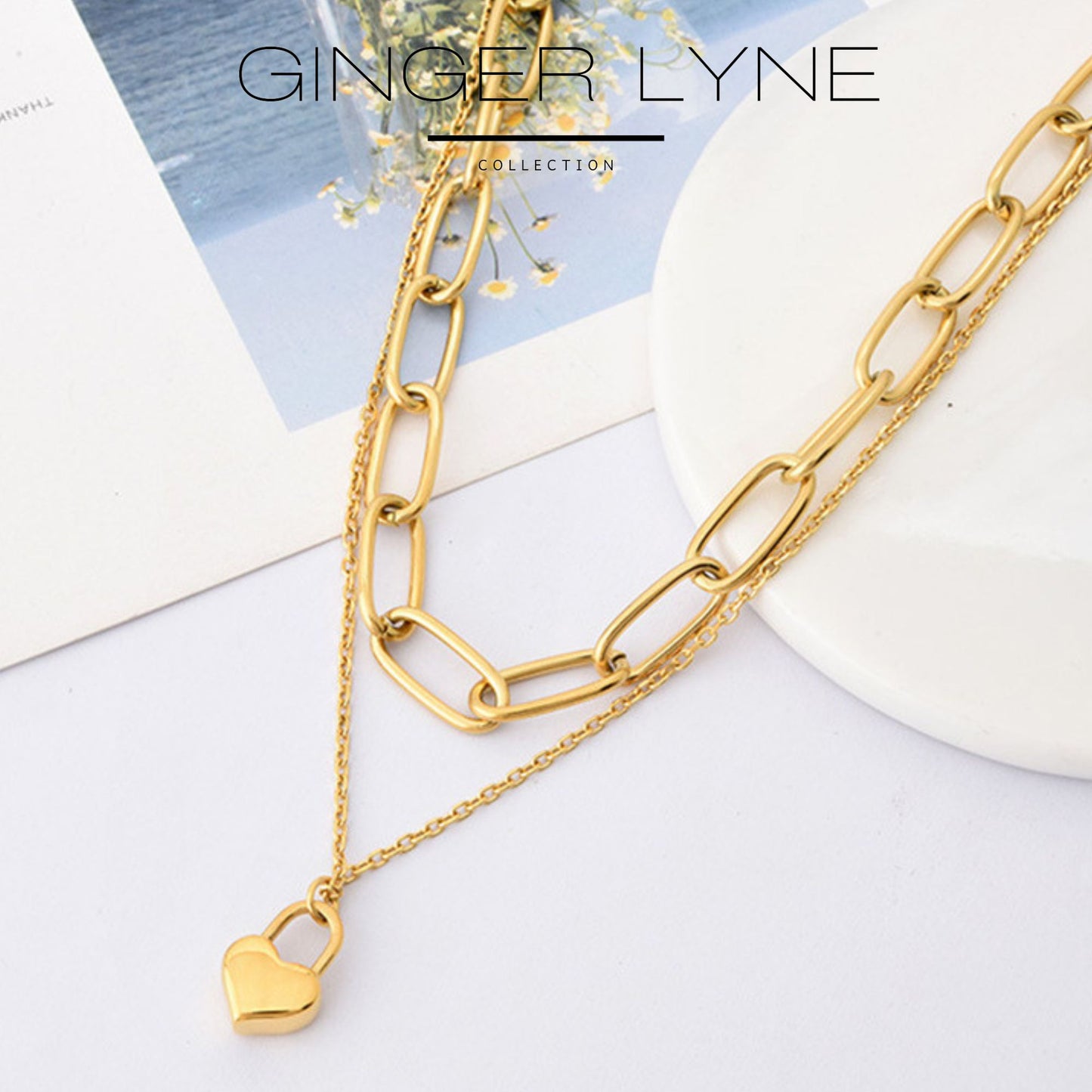 PaperclipChainLayeredNecklaceforWomenHeartLockPendantGoldoverStainlessSteelAdjustableupto21"_Necklace-Gold-3