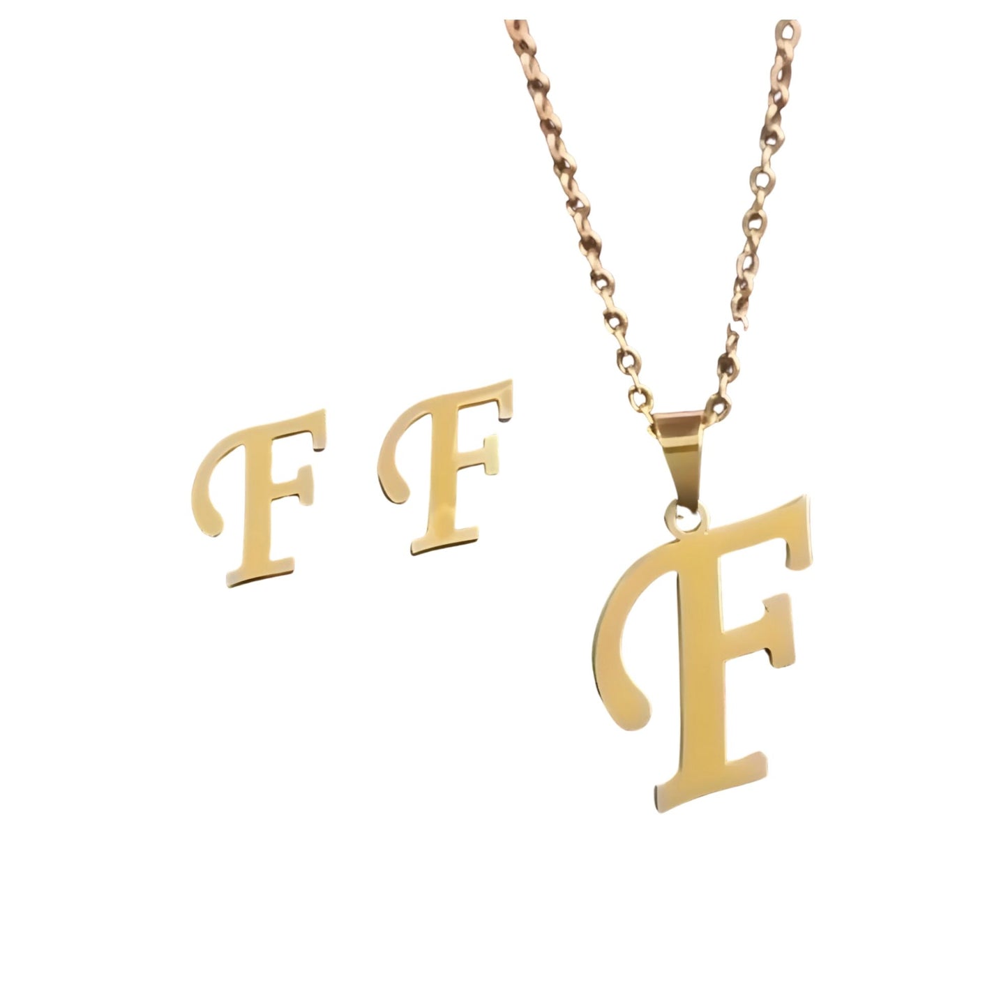 InitialLetterPendantNecklaceEarringsSetforWomenGoldPlatedStainlessSteelbyGingerLyne_F-1