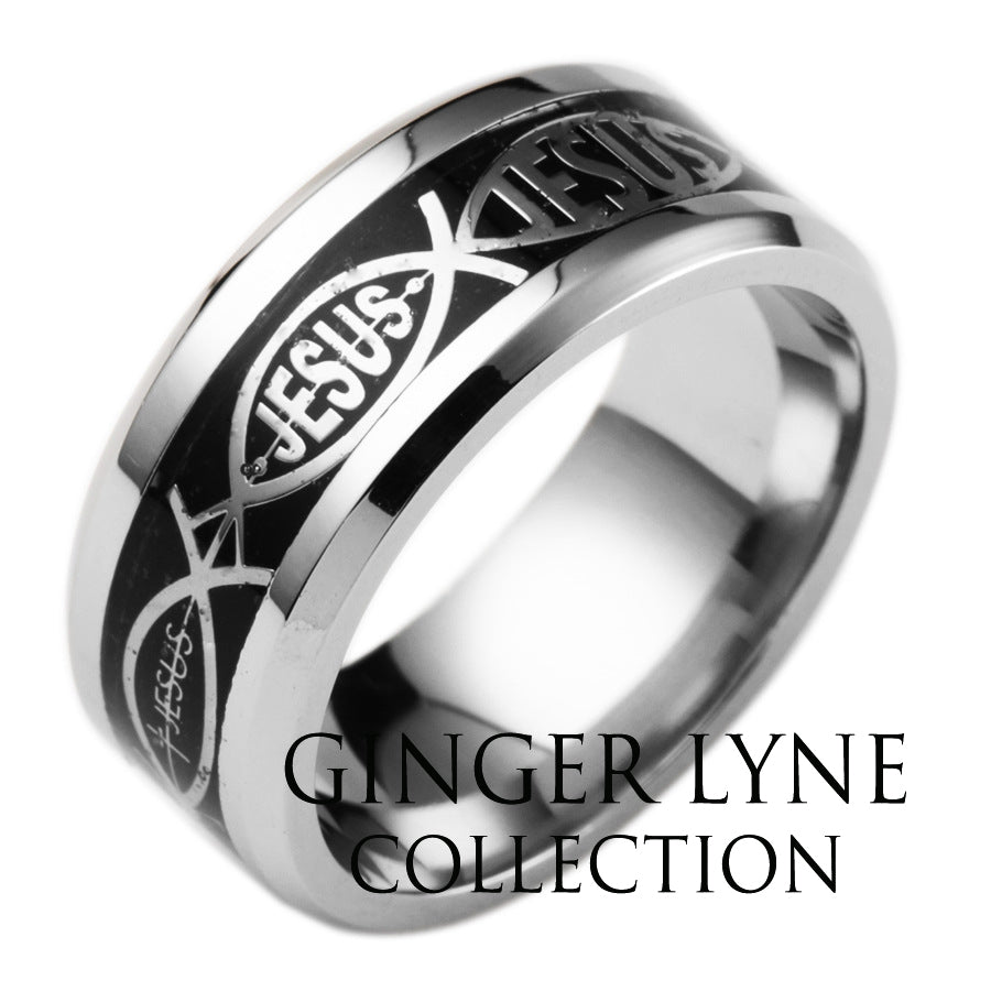 JesusFishWeddingBandforMenorWomen8mmStainlessSteelRingbyGingerLyneCollection_Black-5