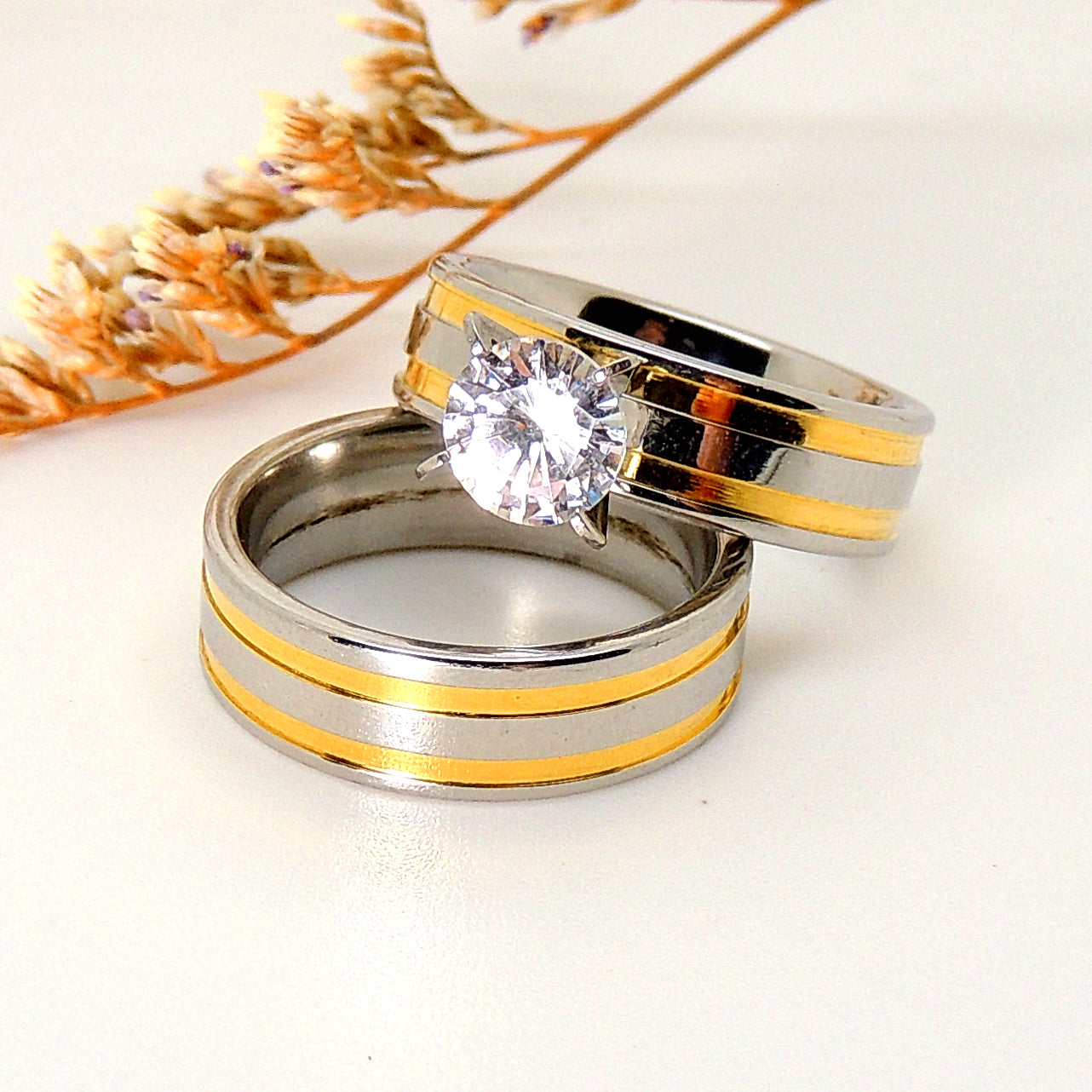 FawnWeddingRingSetforWomenStainlessSteelEngagementandBandGingerLyneCollection_Silver-5