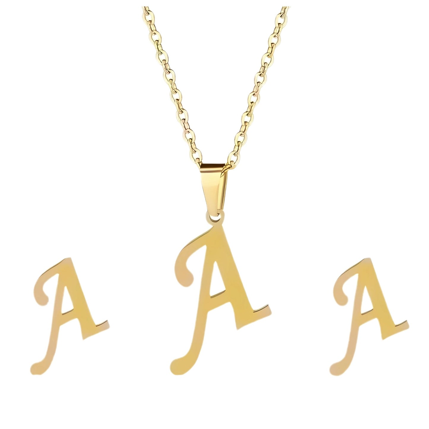 InitialLetterPendantNecklaceEarringsSetforWomenGoldPlatedStainlessSteelbyGingerLyne_A-1