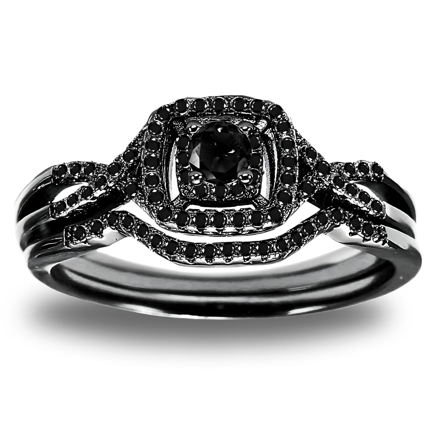 WeddingRingSetforWomenHaloCZSterlingSilverEngagementRingandMatchingBandGingerLyneCollection_Black/Black-1