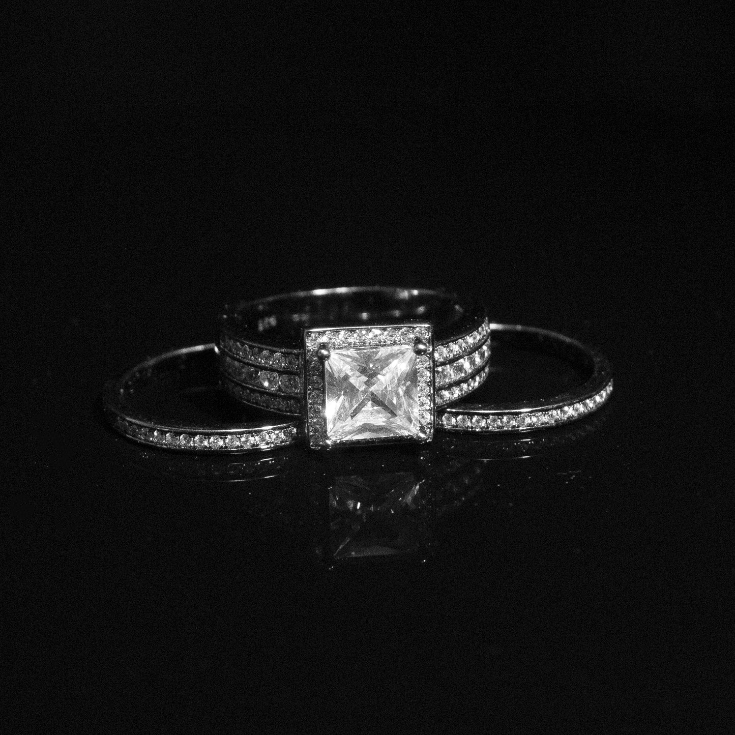 BeverlyWeddingRingSetHaloSterlingSilverEngagementRingBlackWeddingBandsGingerLyneCollection_BlackoverSilver-6