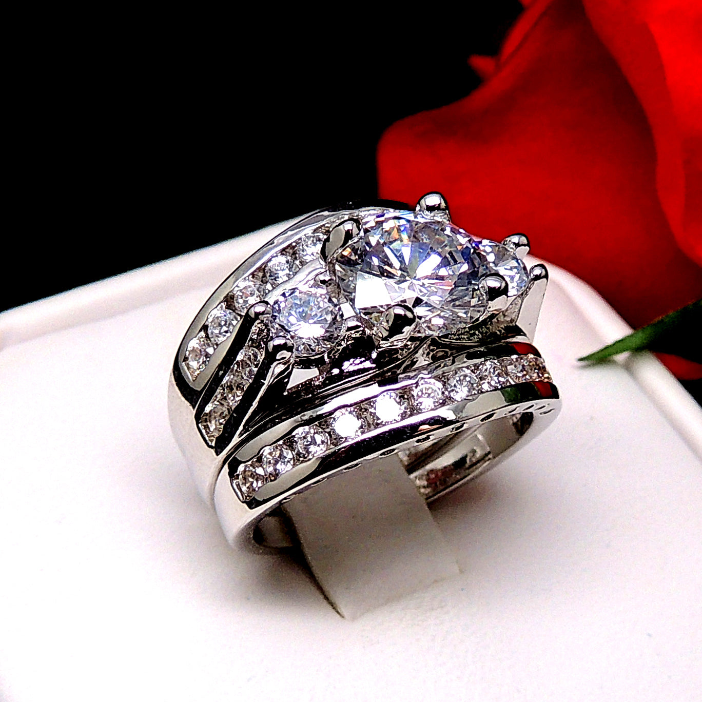 CarliWeddingRingSetforWomen3StoneEngagementRingMatchingBandGingerLyneCollection_Silver-6