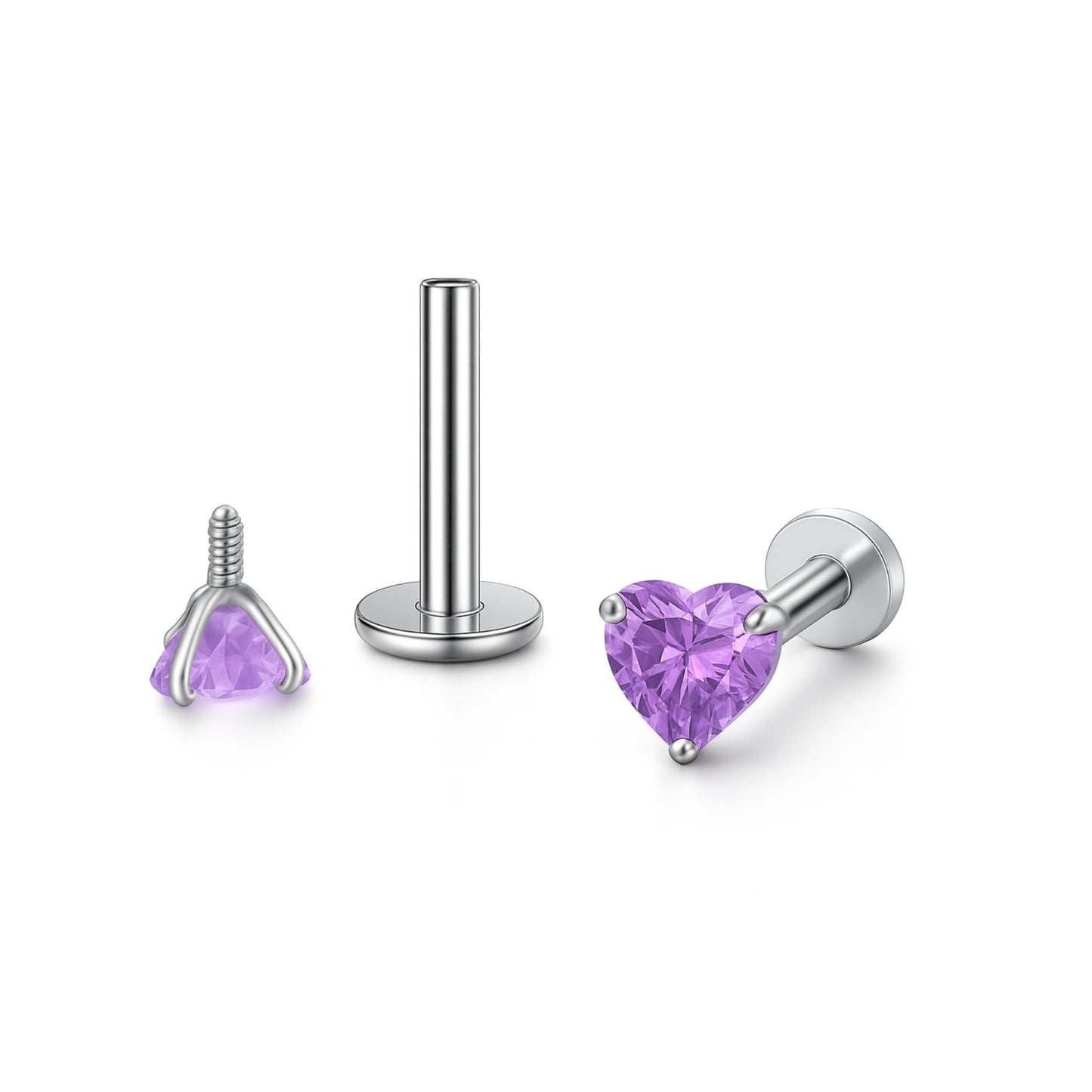 SmallHeartSolitaireFlatBackStudEarringsBodyPiercingsbyGingerLyne2Sets3mmCZStainlessSteel16g6mmand8mmLengths_Purple-1