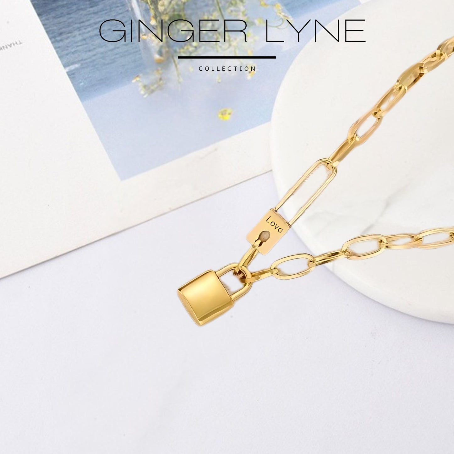 OvalChainNecklaceforWomenLockPendant18KGoldPlatedStainlessSteelAdjustableto18"GingerLyne_Gold-3