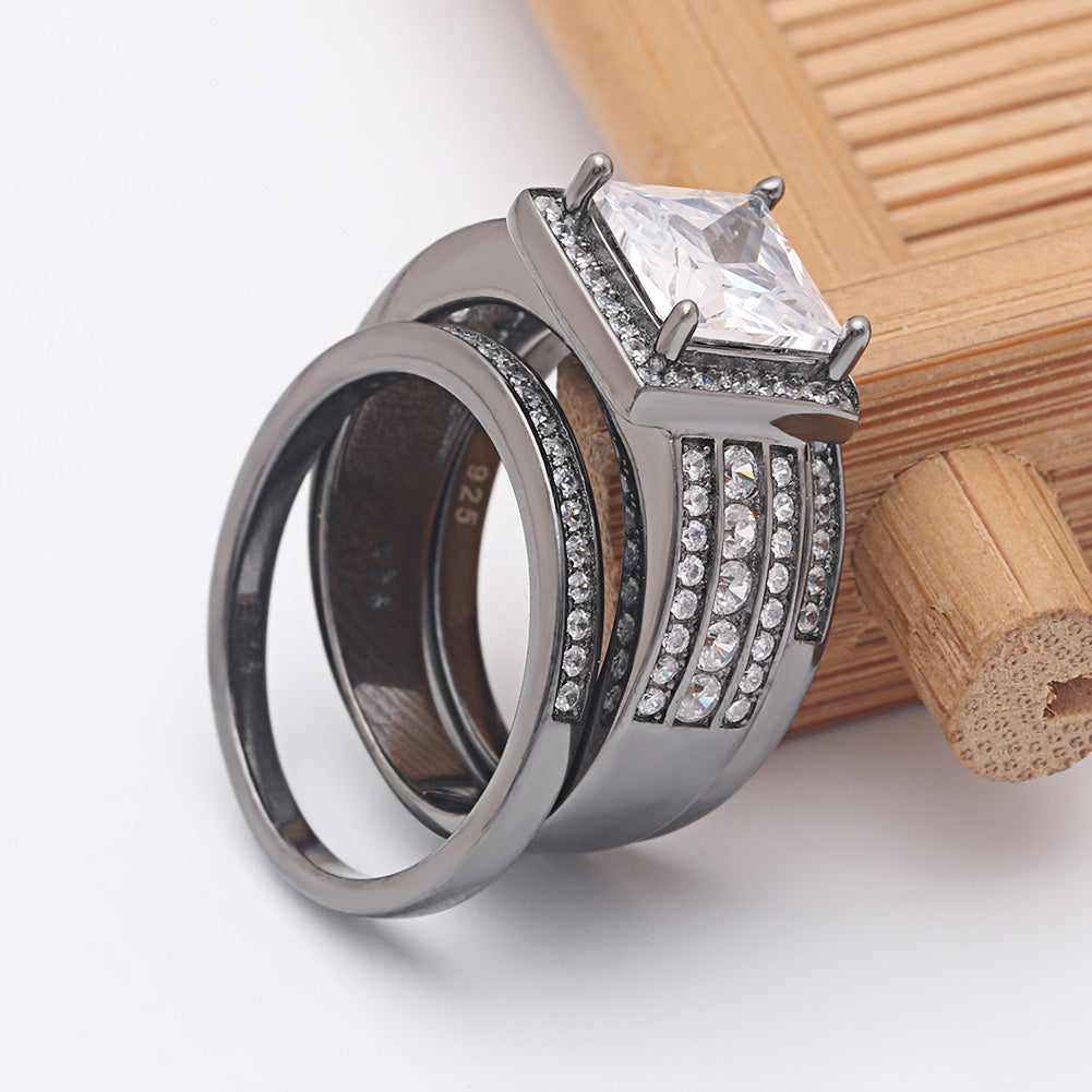 BeverlyWeddingRingSetHaloSterlingSilverEngagementRingBlackWeddingBandsGingerLyneCollection_BlackoverSilver-3