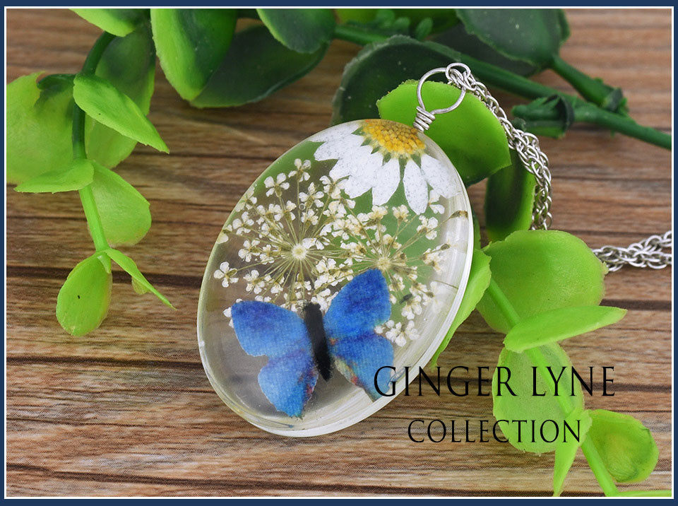 DriedFlowerOvalClearButterflyPendantNecklaceWomenGingerLyneCollection_blue-5