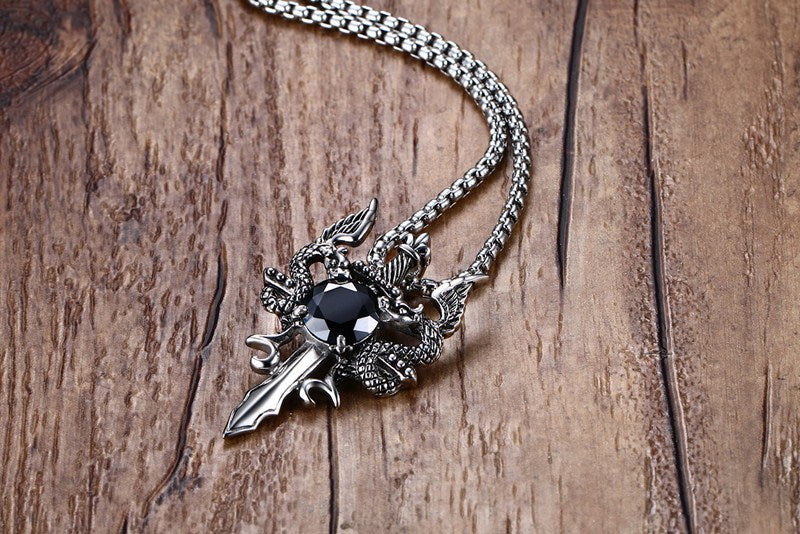 DragonSwordNecklaceforMenorWomenStainlessSteelBlackCzGothicGingerLyneCollection_Silver-3