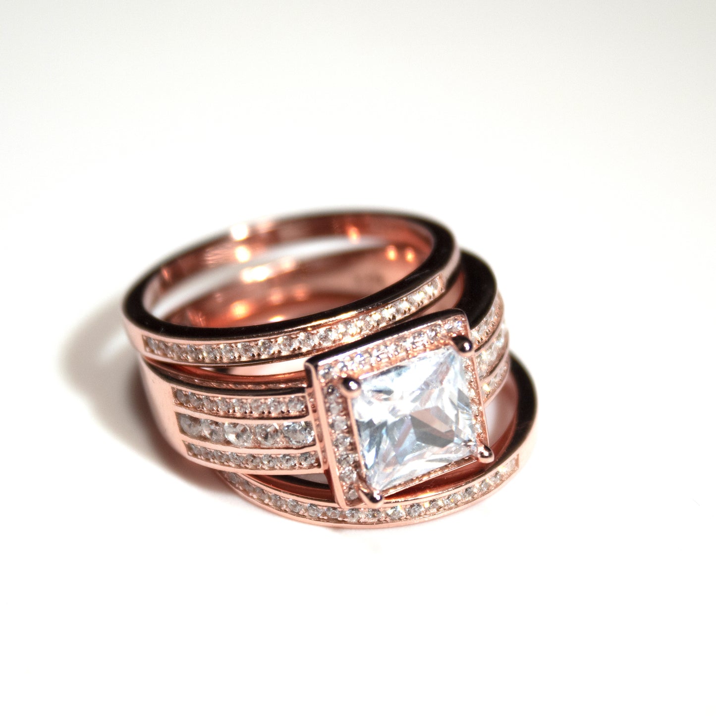 BeverlyWeddingRingSetHaloSterlingSilverEngagementRingBlackWeddingBandsGingerLyneCollection_RoseoverSilver-4