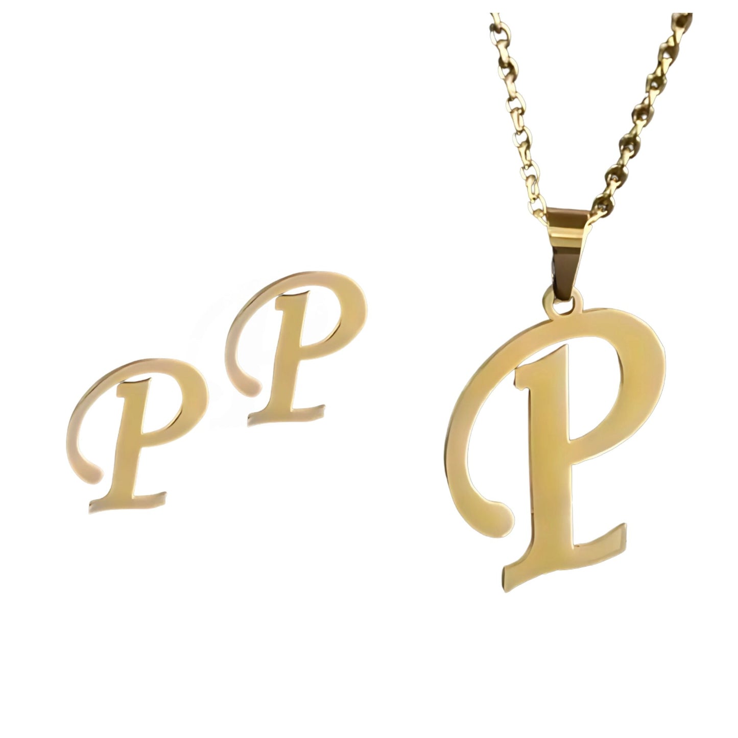 InitialLetterPendantNecklaceEarringsSetforWomenGoldPlatedStainlessSteelbyGingerLyne_P-1