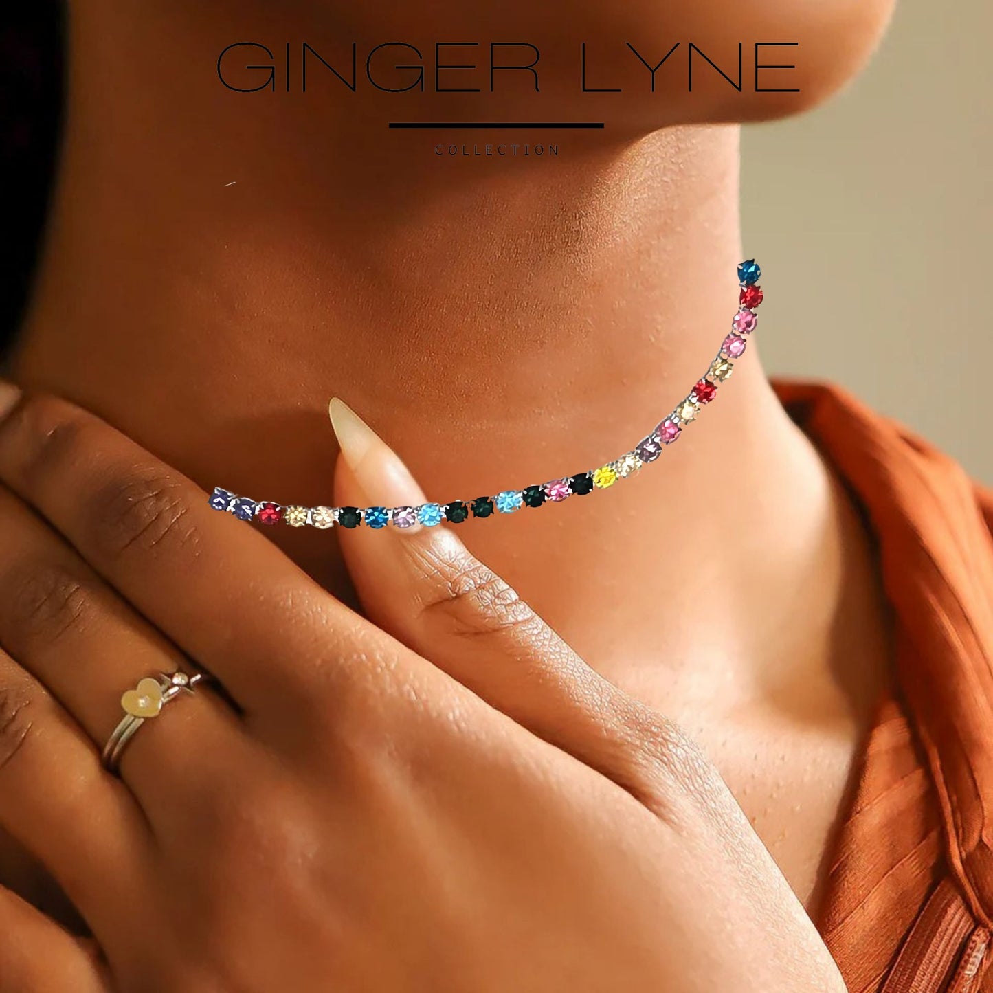 ColorfulTennisNecklaceforWomen3mmCubicZirconia18:-20"AdjustableLengthStainlessSteelbyGingerLyne_Multicolored-7