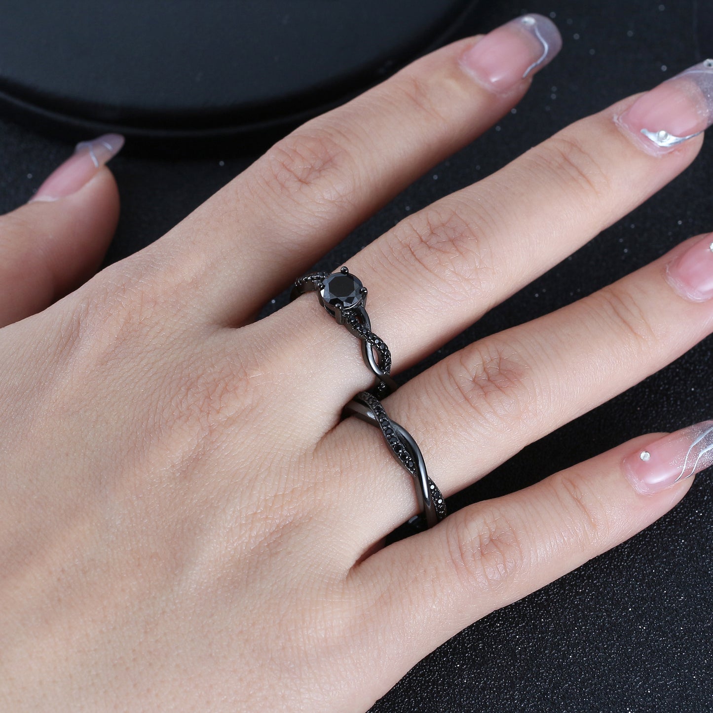 SterlingSilverRoseGoldWeddingBandforWomenHalfEternityCzAnniversaryRingbyGingerLyneCollection_RhodiumBlk-BlkCZ-4