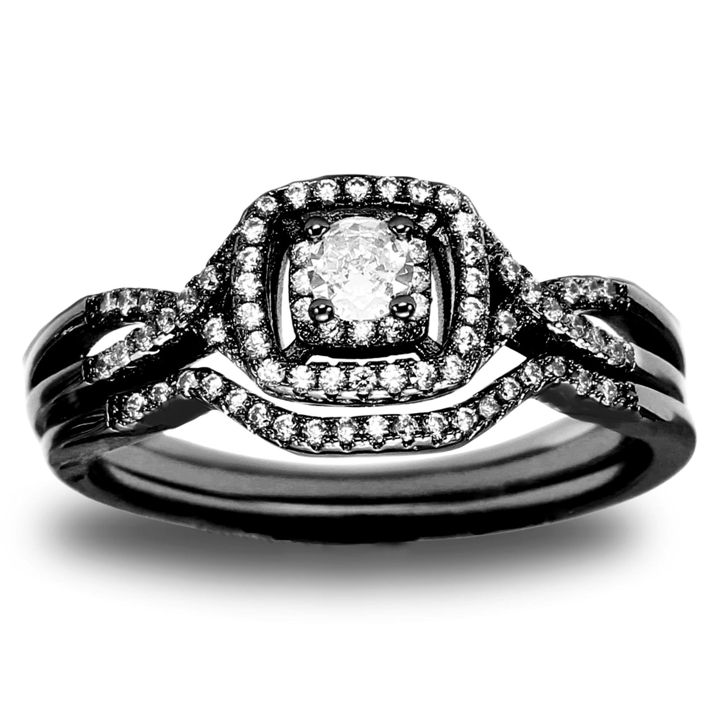 WeddingRingSetforWomenHaloCZSterlingSilverEngagementRingandMatchingBandGingerLyneCollection_Black/SterlingSilver-1